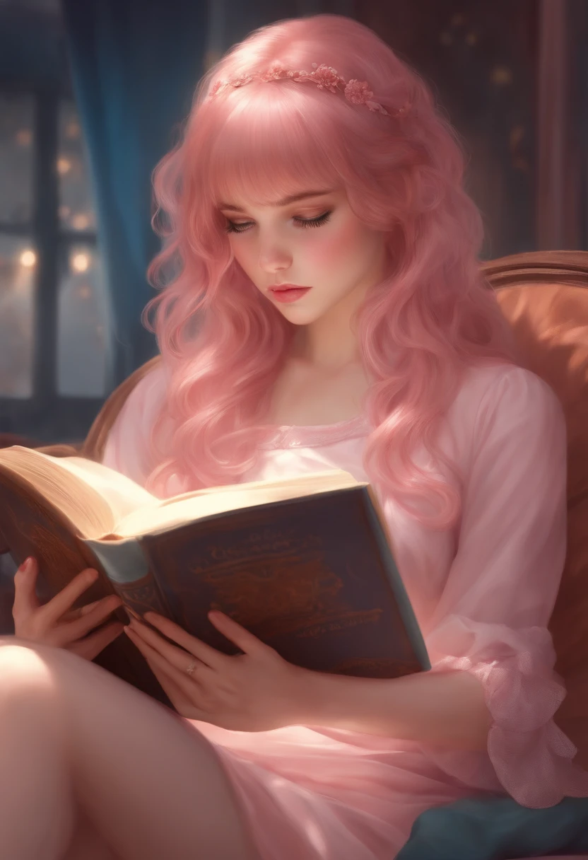 Full body, 1girl, 19 years old, pink medium hairs, bangs, blue eyes, shy, reading a book
