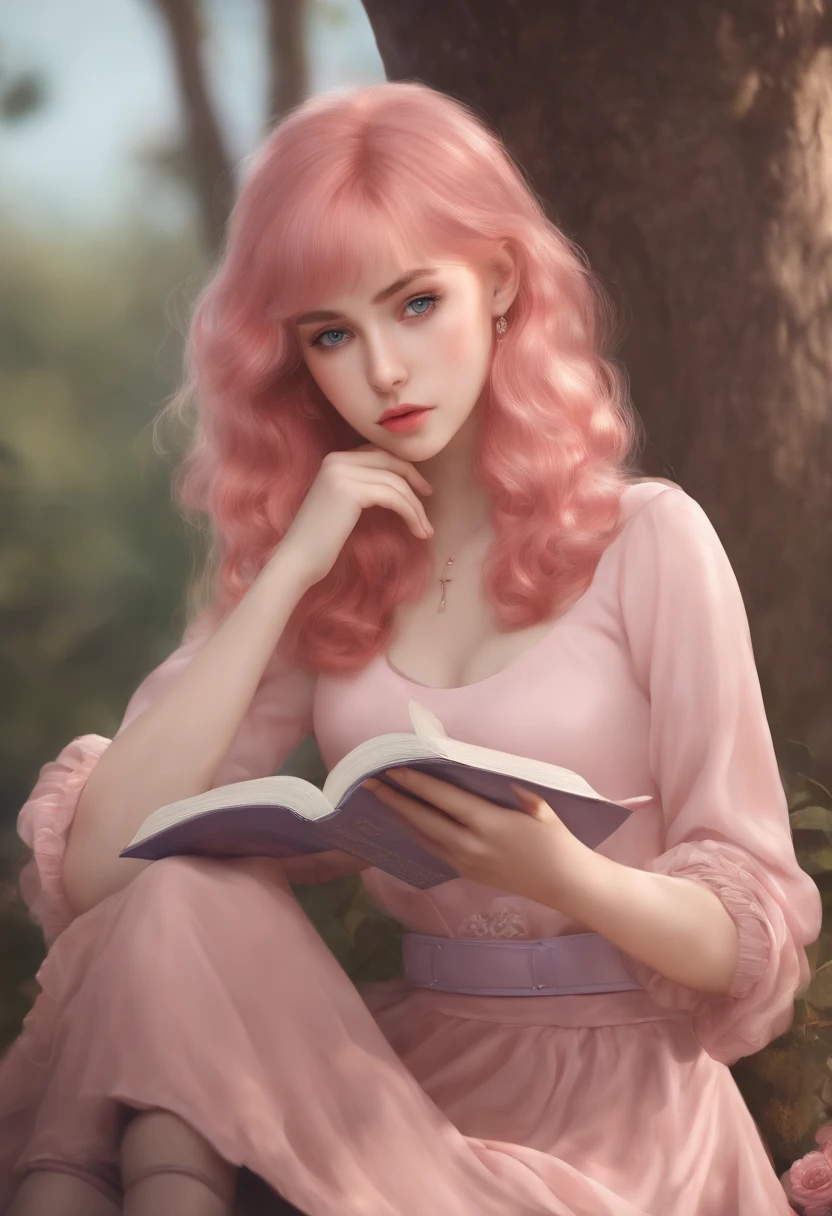 Full body, 1girl, 19 years old, pink medium hairs, bangs, blue eyes, shy, reading a book