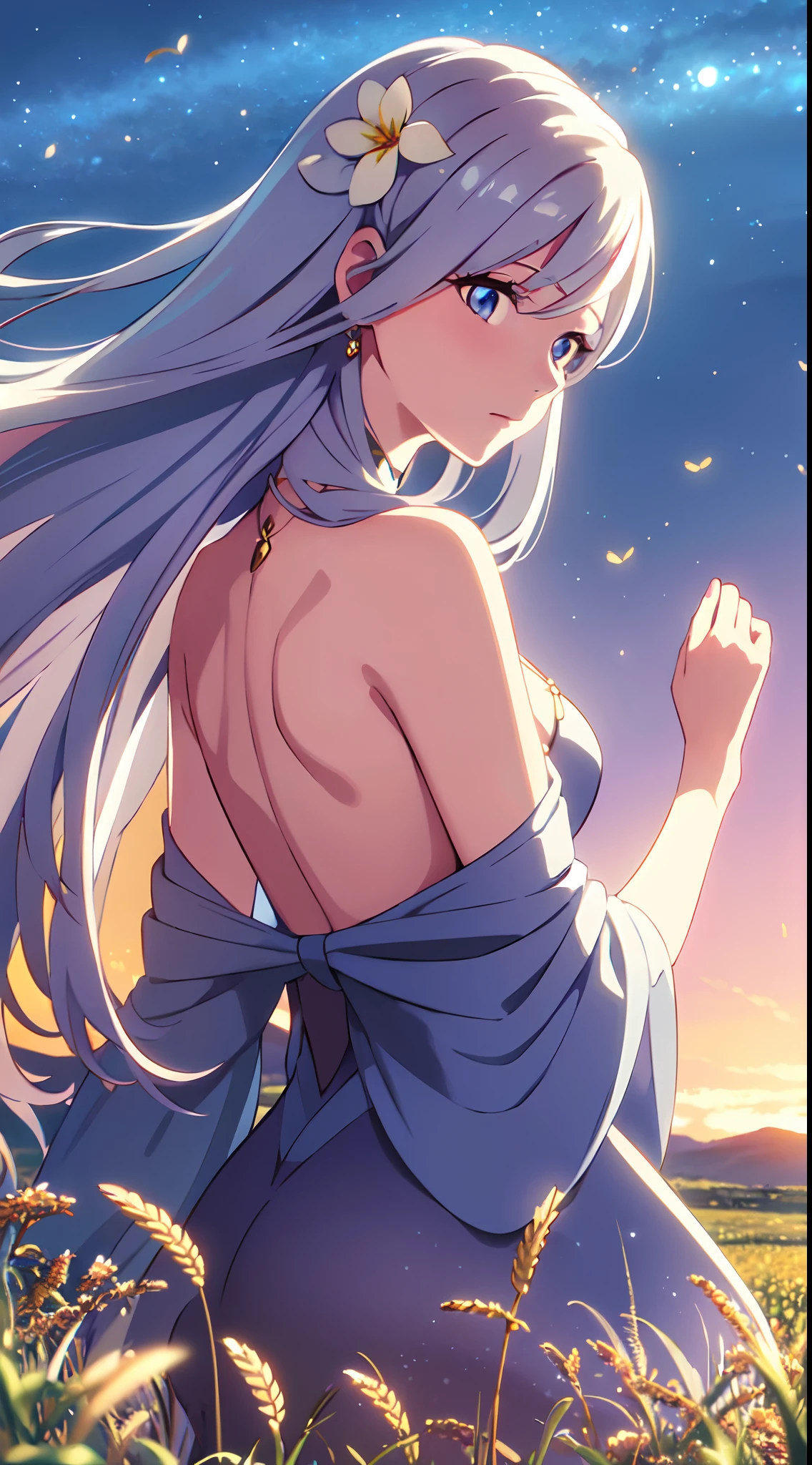 masterpiece, best quality, 1lady, solo, really long hair, white hair, (flowers hair ornament), light blue eyes, looking up at the sky , necklace, earrings, night, Vast sky, beautiful skyline, fireflies, fantasy, off shoulder blue dress, night scenery, behind view, back view, touching wheat field, close up, face portrait