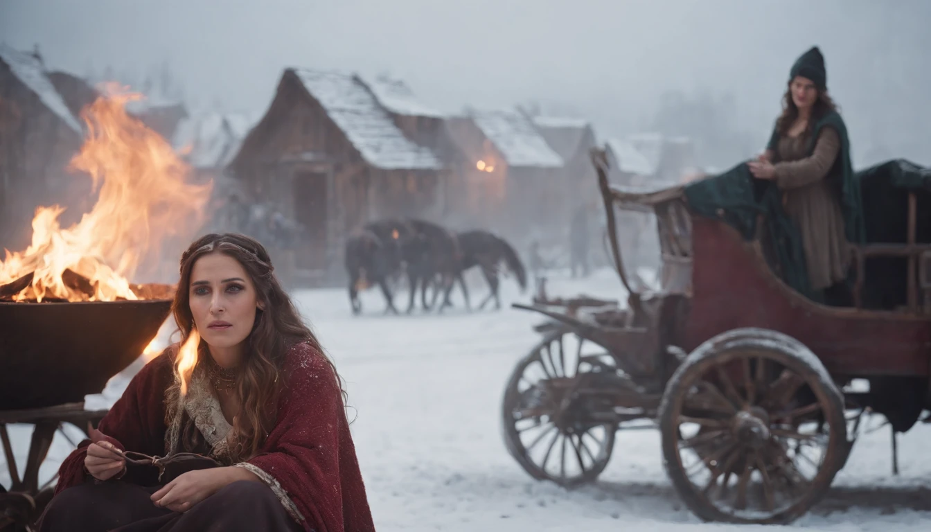medieval Hungary, darkest night, snow, gypsy woman sits beside a fire casting a spell, eerie, gypsy wagon in background, snowing, cinematic scene from film