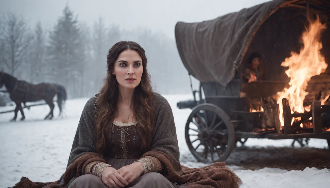 medieval Hungary, darkest night, snow, gypsy woman sits beside a fire casting a spell, eerie, gypsy wagon in background, snowing, cinematic scene from film