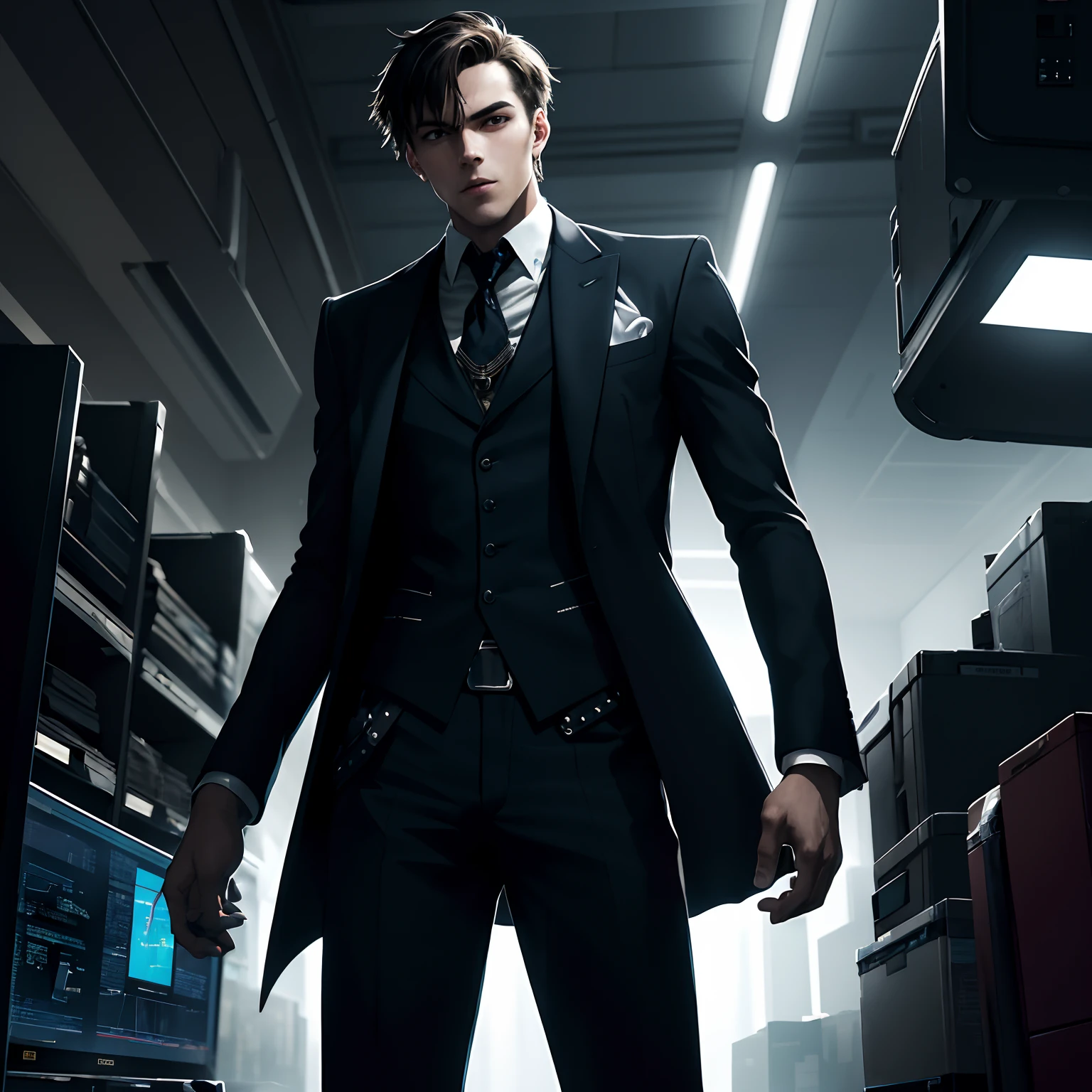 A young man performs solo at the Men's Issues Coordination Center, Scrutinize his instrument in dim light. The scene is close at hand, Capture the details of his expression and the elegant silhouette of his suit. The atmosphere exudes dark and mysterious themes, Reminiscent of the cyberpunk or steampunk genre. The fashion style has a cartoon style, Emphasize an aura of expressive gaze and control. This young man is like a superhero, In the artwork there are bright colors and bold lines. The overall tone of the image is rich and lively, With fantasy elements and surrealism.