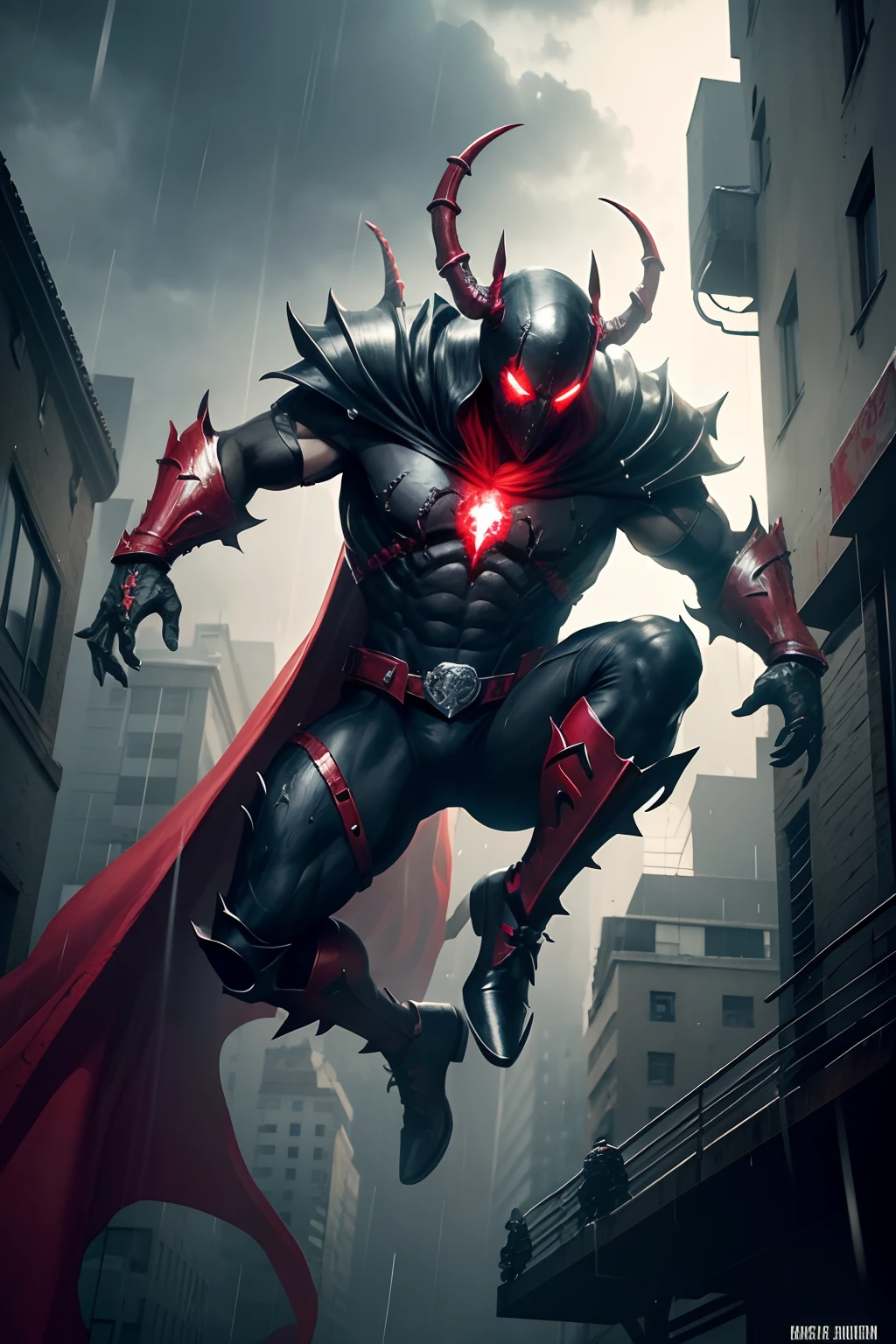 hell, spawn, male, Giant red cape, Black & White Mask, Full slimy black armor , Rainy weather, Jumping off a building