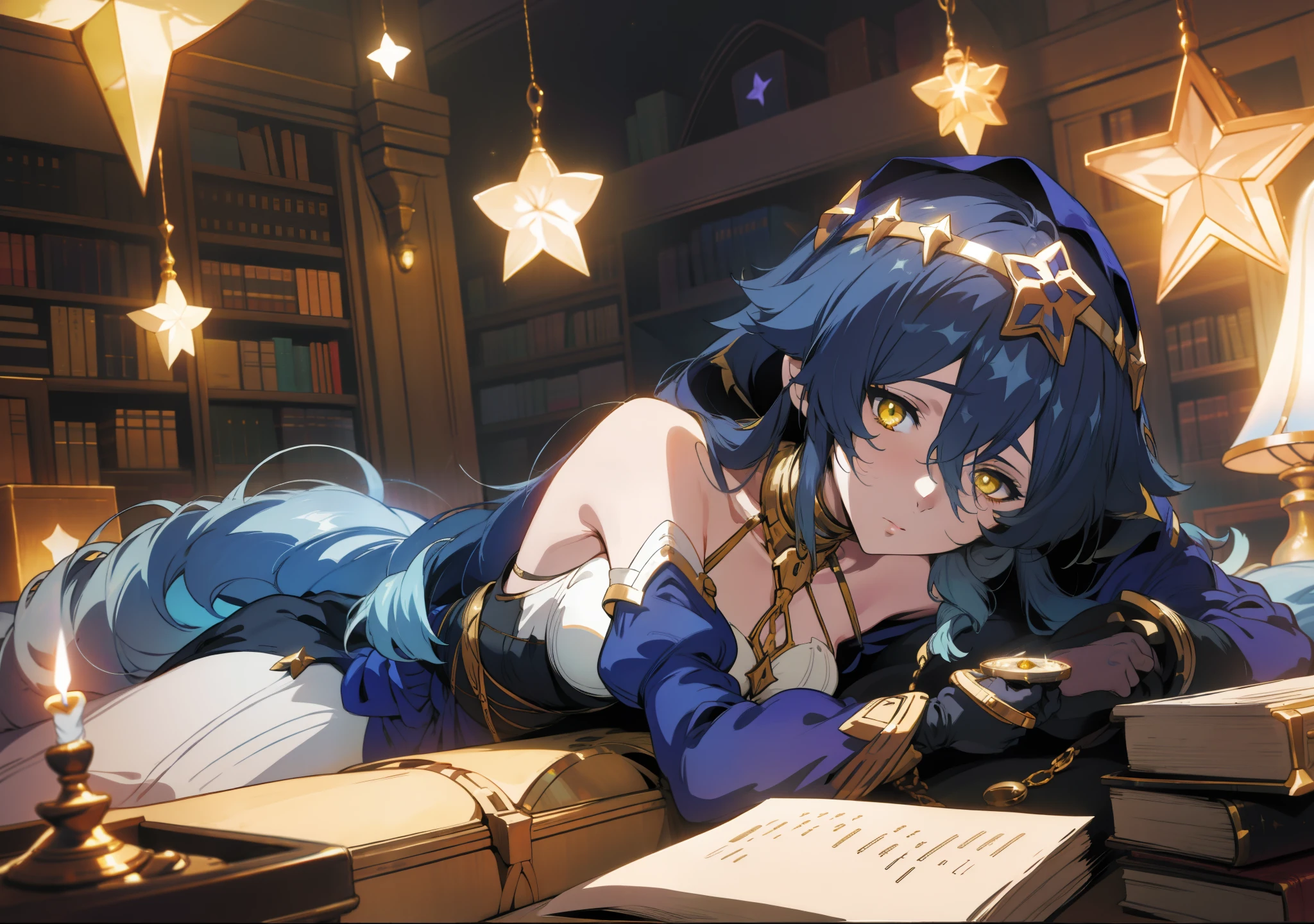 (1girl), illustration, Layla \(Genshin Impact\), choker, star \(symbol\), golden eyes, yellow eyes, glowing eyes, eyes with stars, earrings, gold jewelry, blue skirt, blue dress, amazing body, sexy, laying down, lying down, lying on back, laying on back, comfortable, radiance, reading book, book, library, night, candle light, warm lighting, dynamic perspective, fisheye view