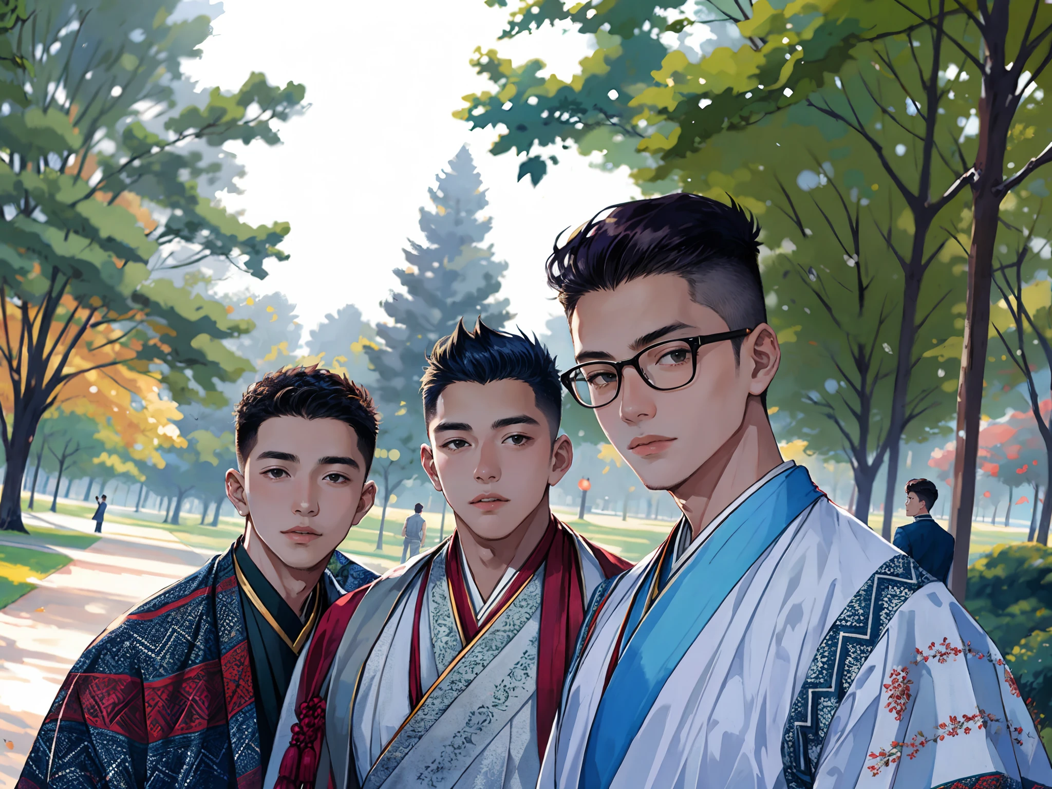 three young men standing next to each other in a park, handsome boys, wearing traditional garb, photo taken in 2 0 2 0, around 1 9