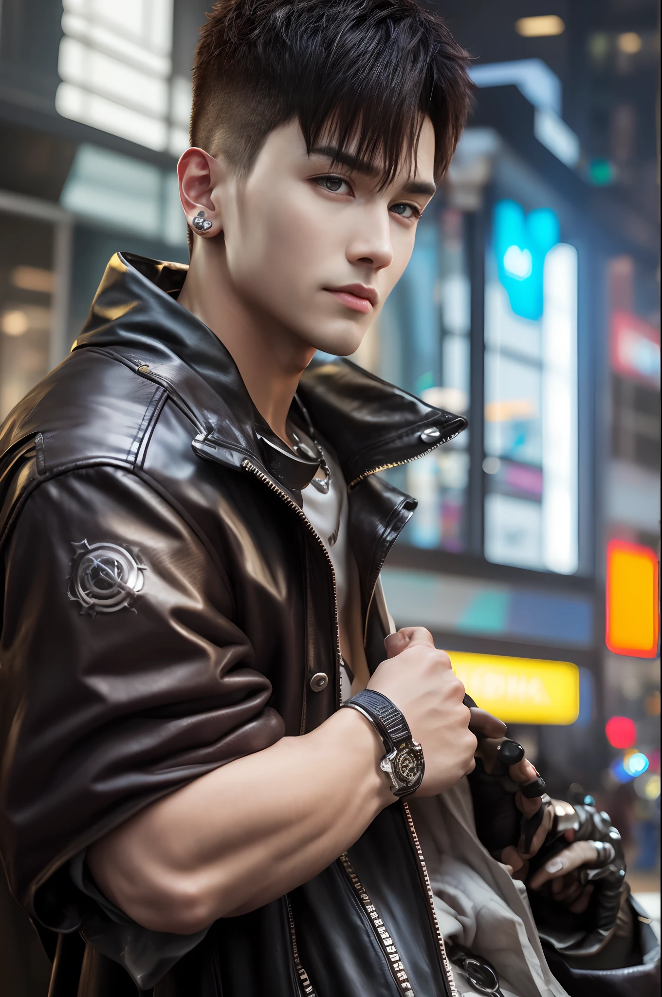Change beckgroung cyberpunk handsome boy . realistic face 8k ultra realistic