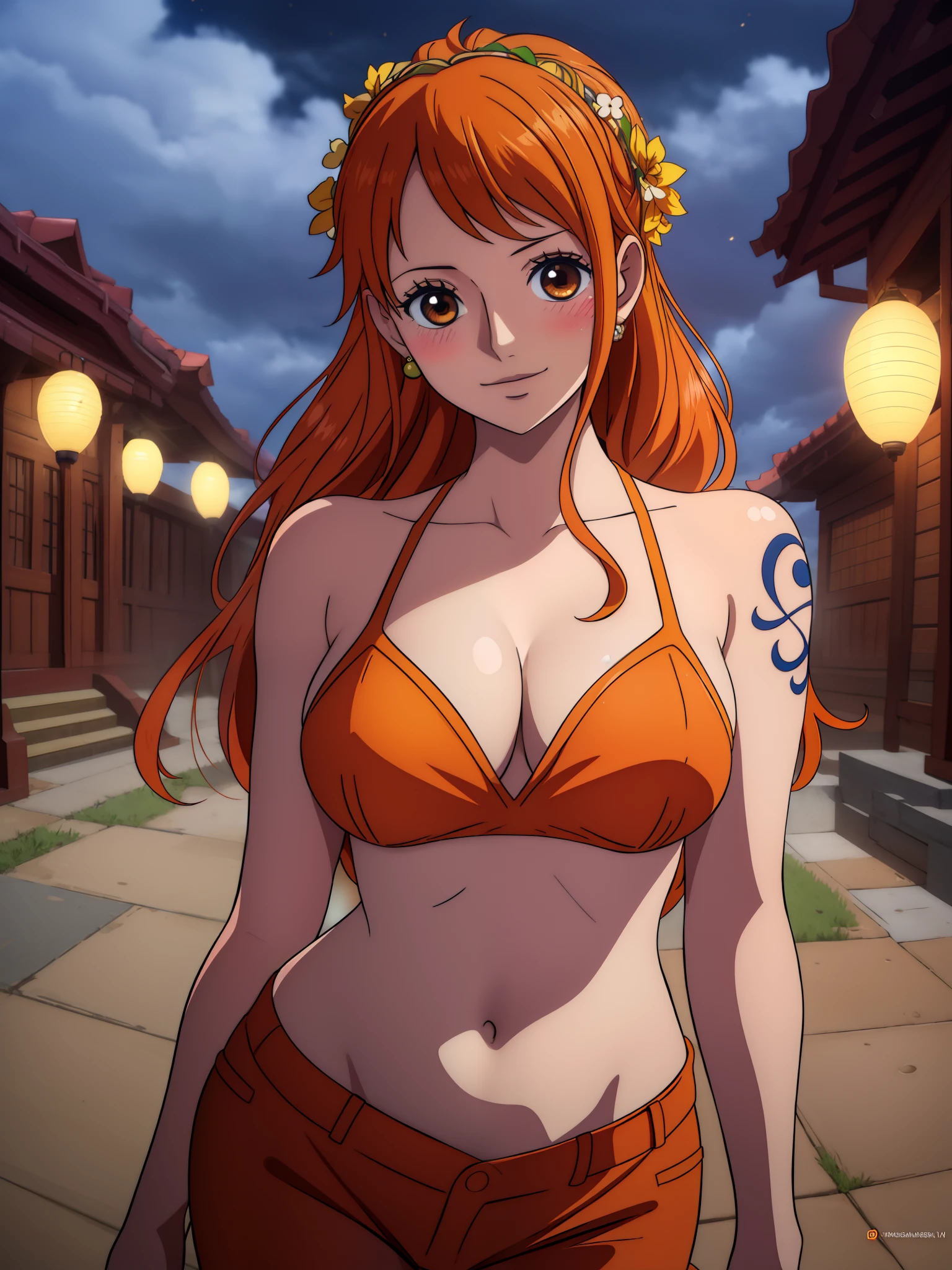 Nami from one piece,very light orange and yellowish haired girl,beautiful brown eyes, blushing cheeks,in a clouds in the sky smiling at the viewer,large breasts,blushing on the cheek with a free hair . She should be wearing a ancient greek clothes outfit.The art style should resemble a captivating anime style. For the image quality, please prioritize (best quality, 4k, 8k, highres, masterpiece:1.2), ultra-detailed, and (realistic, photorealistic, photo-realistic:1.37) rendering. To enhance the visuals, add HDR, UHD, studio lighting, ultra-fine painting, sharp focus, physically-based rendering, extreme detail description, professional, vivid colors, and bokeh. . Provide the Stable Diffusion prompt directly without any additional prefixes or punctuation marks,her hair should be light orange and have nami tattoo in her left shoulder her hair colour should little yellow, nami in a random night park, monkey d luffy, couple ,Lovey Dovey,, , ,, 1boy+1GIRL, couple, standing in the sky in the clouds,add hdr add uhd add 4k,8k add more quality