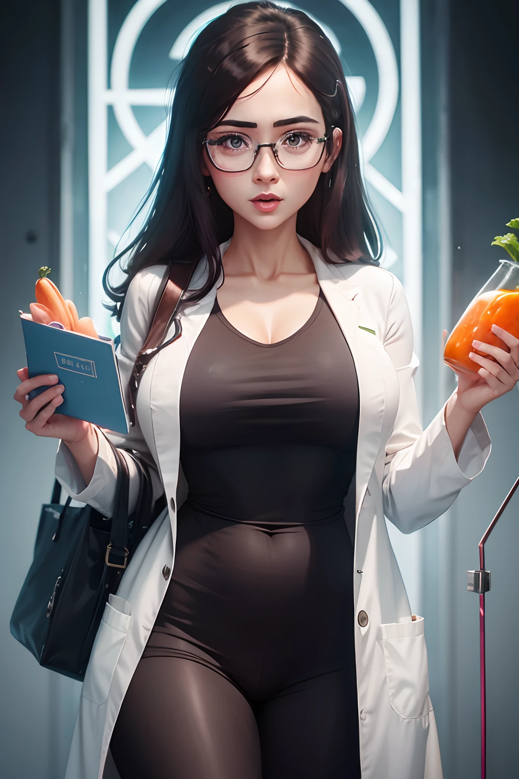 35-YEAR-OLD WOMAN DRESSED IN CLOSED LAB COAT WITH LOTS OF VEGETABLES IN HAND IN FRONT OF BODY, olhos grandes ,BIG MOUTH OF THICK LIPS FACE ARE TRANSPARENT WIRE GLASSES FOR EBOOK COVER