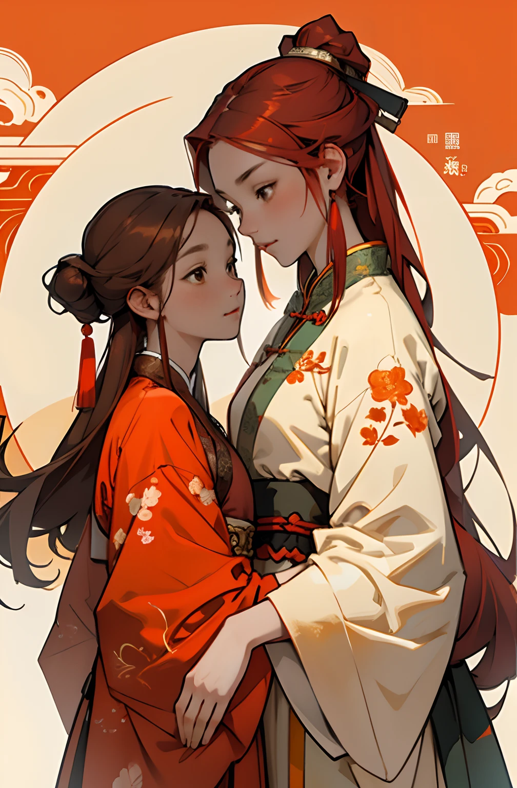 two girls as lovers, one is red hair girl with red and orange clothes, one is brown hair girls with white and yellow clothes, wearing ancient chinese hanfu, chinese style background, flat background, chinese pattern, gentle expression