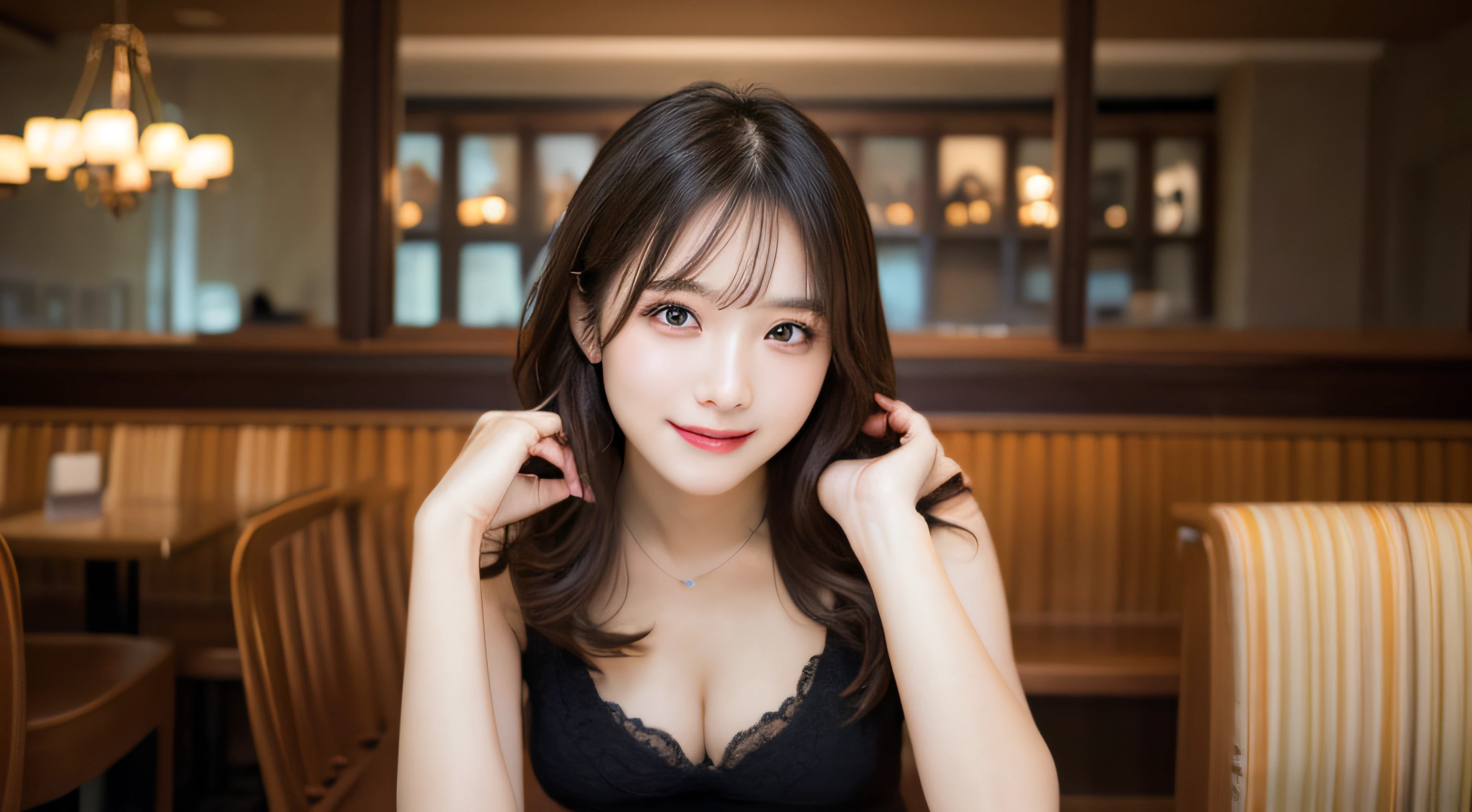 table top, highest quality, shape, Super detailed, finely, High resolution, 8k wallpaper, 完璧なダイナミックな構shape, beautiful and detailed eyes,medium hair,small breasts,natural color lip, bold sexy pose,shy smile、20 year old girl、cute、sexy shot looking at camera,Random costume latest Tokyo winter clothes)、beautiful detailed face,Beautiful detailed double eyelids,small face,perfect and beautiful face,very cute face,blur the background,slim face and body