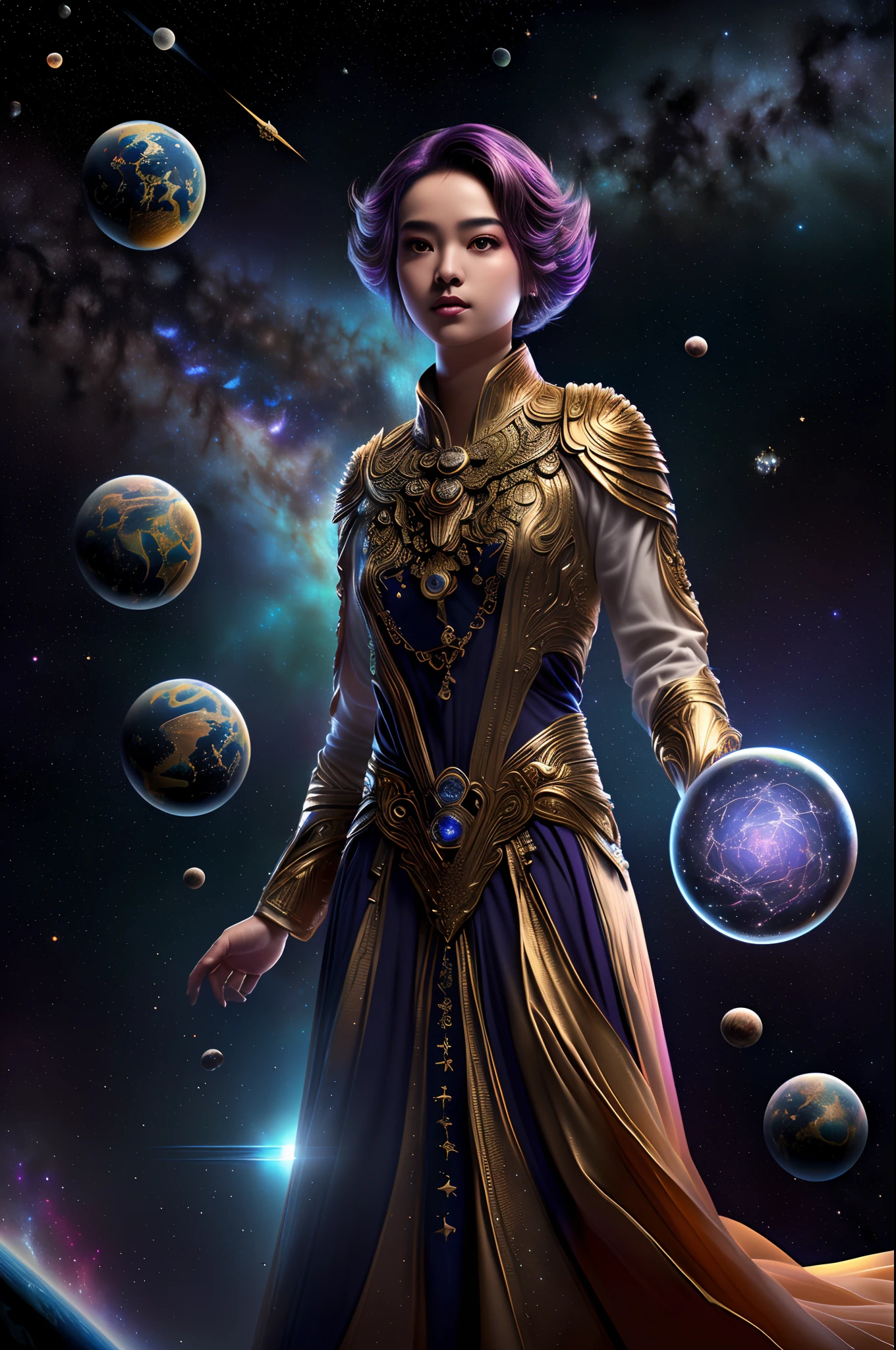 Depicts a mysterious and beautiful female character standing on suspended fragments in the cosmic starry sky。
Planets blend into the starry sky background、Elements such as nebulae and meteors。
The beautiful male character's eyes are confident,It shows a strong and mysterious temperament。
Add mystery symbols or signs to the suspended debris,Symbolizes a strong background。
In the Navy、Purple is the dominant color,Complemented by gold or white highlights。Use light and particle effects to show the depth and mystery of space。
7. Include the title of the book in the cover design《Global simulation:My talent is 100 million points》
