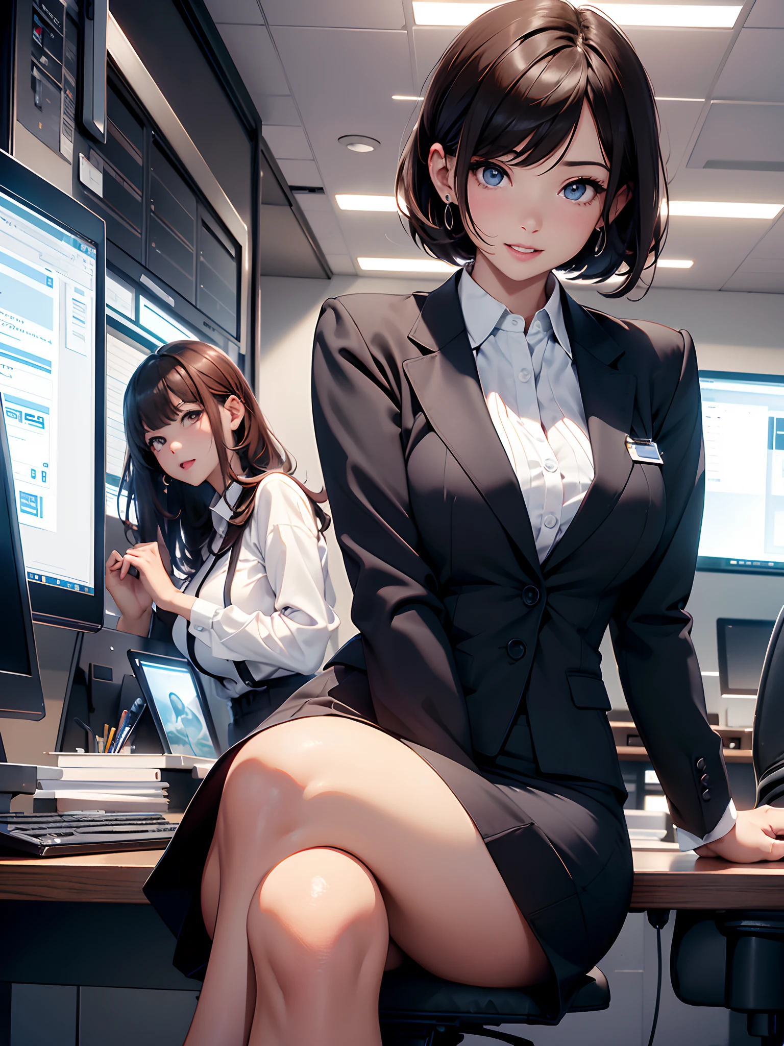 one person、masterpiece、highest quality、Super detailed、High resolution illustrations、enhance the charm of your eyes、depicted in detail、perfect body structure、She  a school teacher、suit、thin、Rear view、I can see your pants、emphasize the buttocks、small ass、raise your butt、