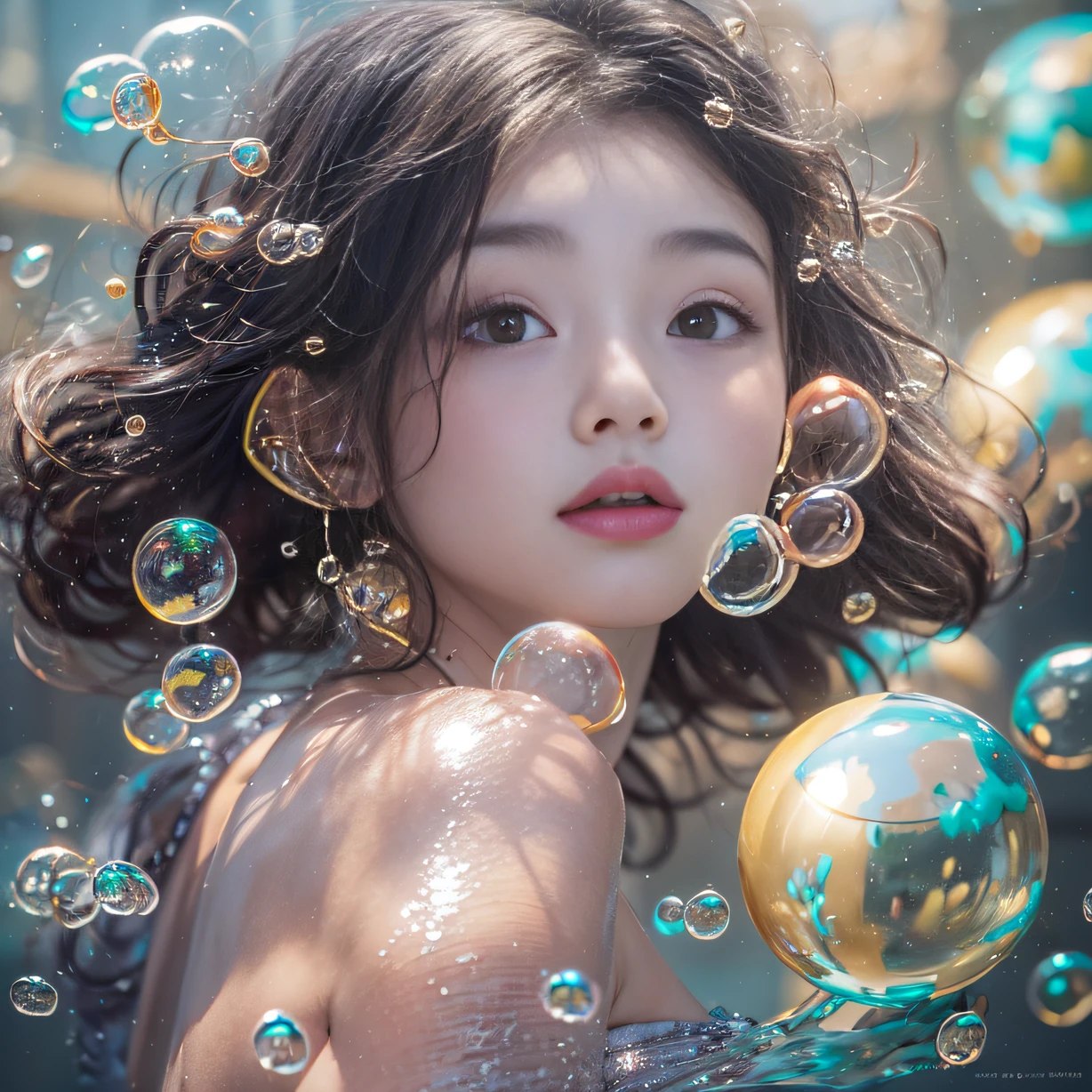 32K（tmasterpiece，k hd，hyper HD，32K）Ball-tipped curls，Flowing bubbles，ponds，zydink， a color，  Asian people （water sphere）The background is pure， A high resolution， the detail， RAW photogr， Sharp Re， Nikon D850 Film Stock Photo by Jefferies Lee 4 Kodak Portra 400 Camera F1.6 shots, Rich colors, ultra-realistic vivid textures, Dramatic lighting, Unreal Engine Art Station Trend, cinestir 800，Large roll bubbles，Flowing bubbles，（Top quality true texture skin), Delicate face,Black hair, Gradient hair, Petite body,（perfect bodies：1.1）, There are precious stones on the forehead,Sparkling pupils，long eyelasher,grin, hyper photorealism, Cinematic lighting, projected inset,