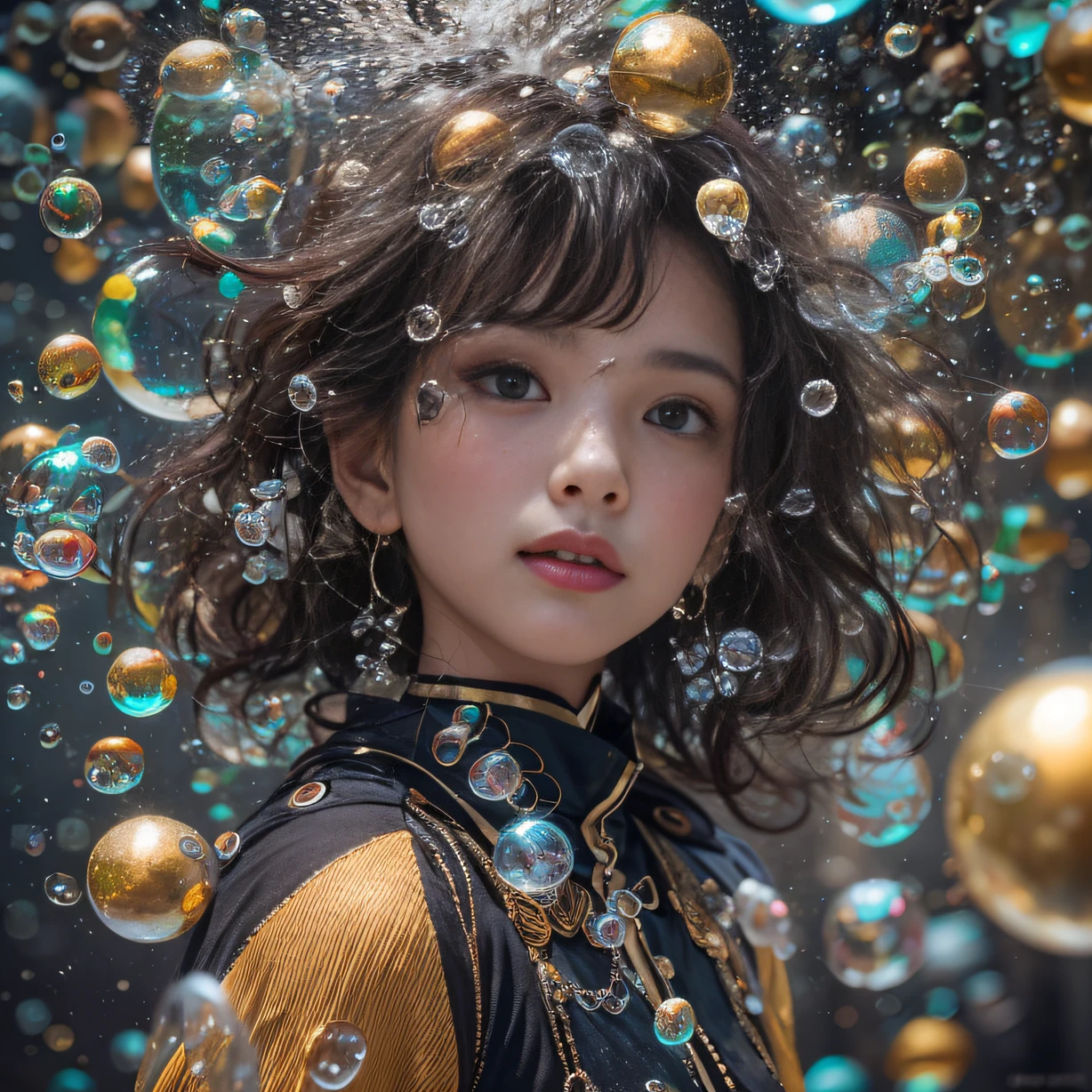 32K（tmasterpiece，k hd，hyper HD，32K）Ball-tipped curls，Flowing bubbles，ponds，zydink， a color，  Asian people （water sphere）The background is pure， A high resolution， the detail， RAW photogr， Sharp Re， Nikon D850 Film Stock Photo by Jefferies Lee 4 Kodak Portra 400 Camera F1.6 shots, Rich colors, ultra-realistic vivid textures, Dramatic lighting, Unreal Engine Art Station Trend, cinestir 800，Large roll bubbles，Flowing bubbles，（Top quality true texture skin), Delicate face,Black hair, Gradient hair, Petite body,（perfect bodies：1.1）, There are precious stones on the forehead,Sparkling pupils，long eyelasher,grin, hyper photorealism, Cinematic lighting, projected inset,