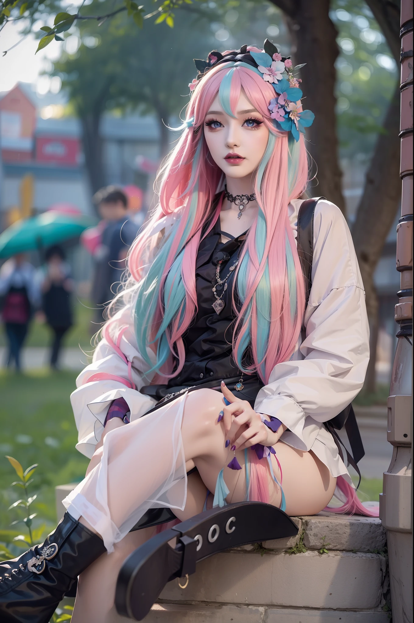 in a beautiful park,A modern woman. It has a very colorful and eye-catching kawaii Gothic style.., Stylish makeup and colorful wigs.
