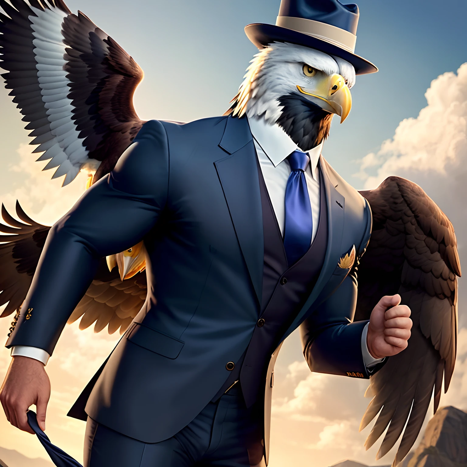 Anthro eagle muscled wear mimitary suit with a tie with a hat