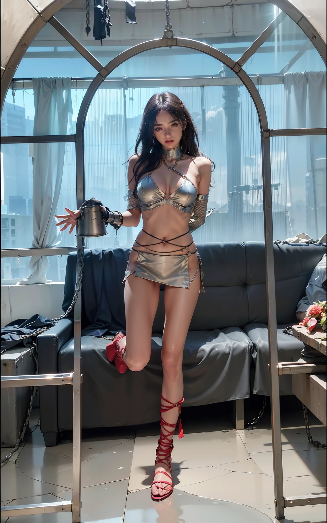,((Wearing a torn sheer costume of a superheroine)),(, No bra)), Wet crotch, Wet thighs, Beautiful girl with accentuated slender abs: 1.4, (((nipple tips protruding, areola is protruding, The shape of the pubic region is clearly visible)), sixpack abs: 1.4, Bust Botox, Photo, Sharpness, Unique 850 4, Koda850 k portrait camera, F1.6 shots, Ultra-realistic textures, Spectacular light textures, Cinestil 800 Fashion Mechanics, (futuristic sci-fi battle fashion: 1.1), (tied perfectly by chain), Restraint, Slaves, collars, ((wide prison with sunlight)), Dark fantasy, Realistic material details, extreme hight detail, Ultra-realistic materials ((Torn costume))), Wet, Cloudy, (Chained)), ((big emphasized by chains)), ((chains digging into crotch)), ( (Collar)), (, No bra), shredded costumes, broken golden shields and battle spears,, White combat gloves, Combat shoulder armor, Blood splattered on the face, Blood splattered, Realistic, (Bruises, Dirty, ripped clothing, skimpy clothing, Blood: 1.3), Torn Cape, Torn pantyhose, Long legs, ((iron pipe in the crotch)), Metallic shackles and fetters, ((chains hung from heaven)), Wet crotch is clearly visible, Swarovski's sword and the anatomy beneath his feet, (futuristic sci-fi battle fashion, Torn mesh stockings),