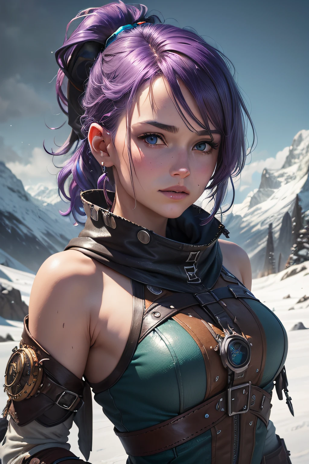 (photo_\\(medium\\):1.2), by Antonio J. Manzanedo, by Jeremy Lipking, 1girl, looking at the camera, (facing the viewer:1.1), (photorealistic:1.2), hyperrealistic, photorealism, close-up, head and shoulders, purple hair with rainbow streaks, short hair, ponytail, bangs, blue eyes, friendly, eyelashes, steampunk, sleeveless, subsurface skin scattering, snowy mountain background, symmetry, depth of field, 8k, vfx, hdr, rtx