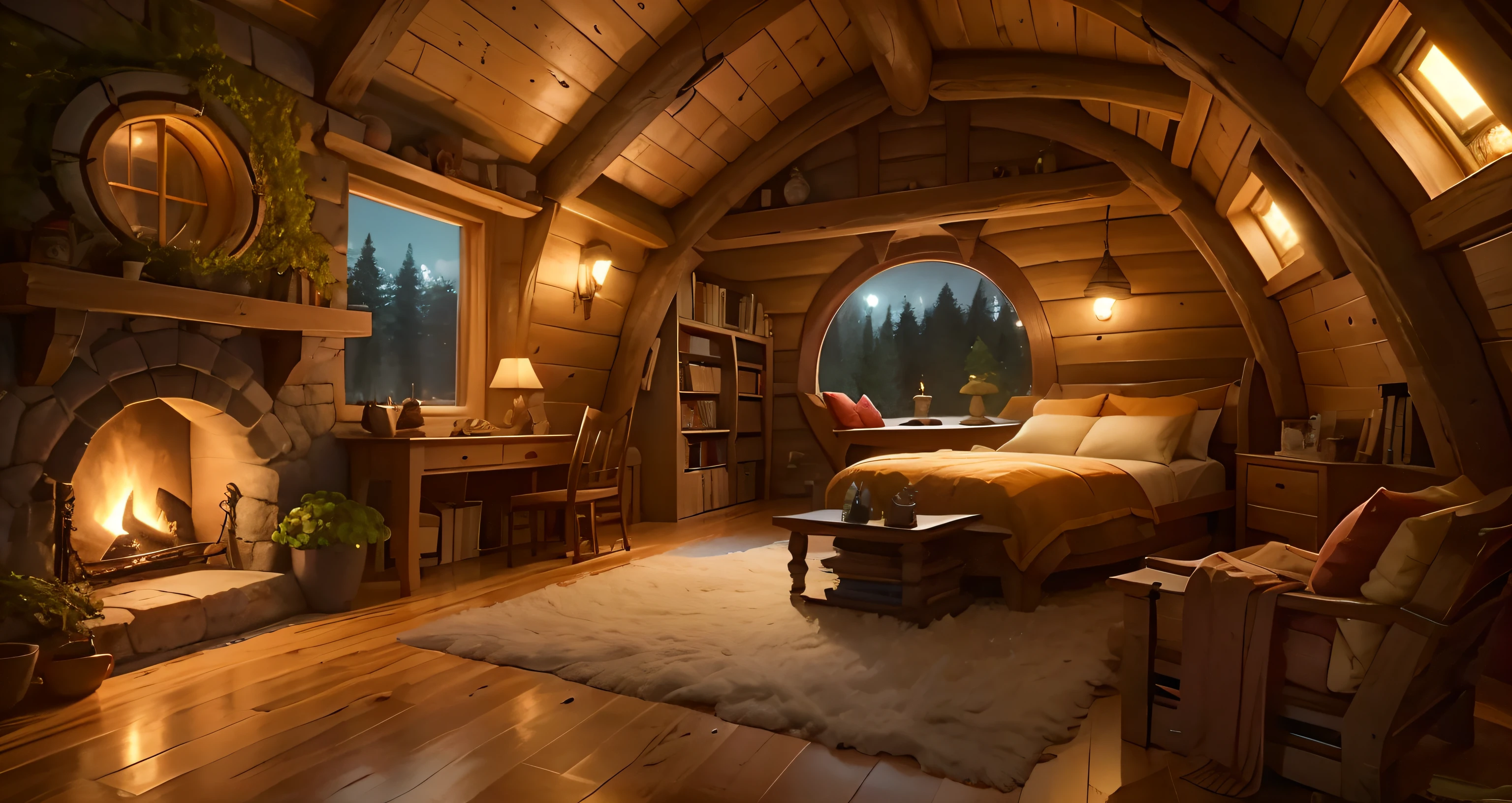 a cozy hobbit house at night, interior with rounded fireplace,with rounded windows, theres a cozy bookshelf full of books, a cozy coffee can and a coffee cup, a pile of firewood