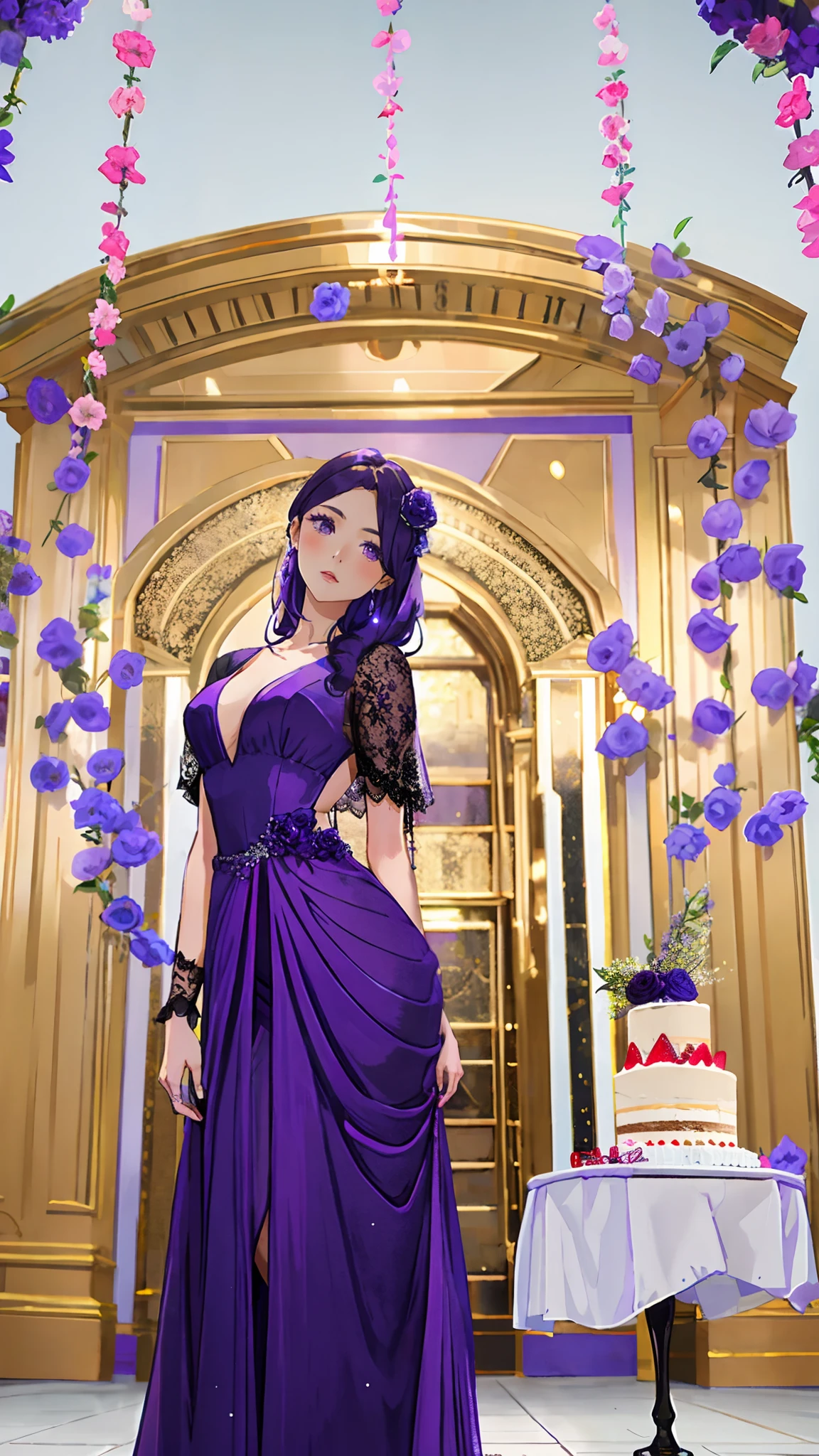 A young woman dressed in a purple dress standing in front of a cake, garbed in a purple gown, purple themed, violet colored theme, backdrop, 8k, beautiful