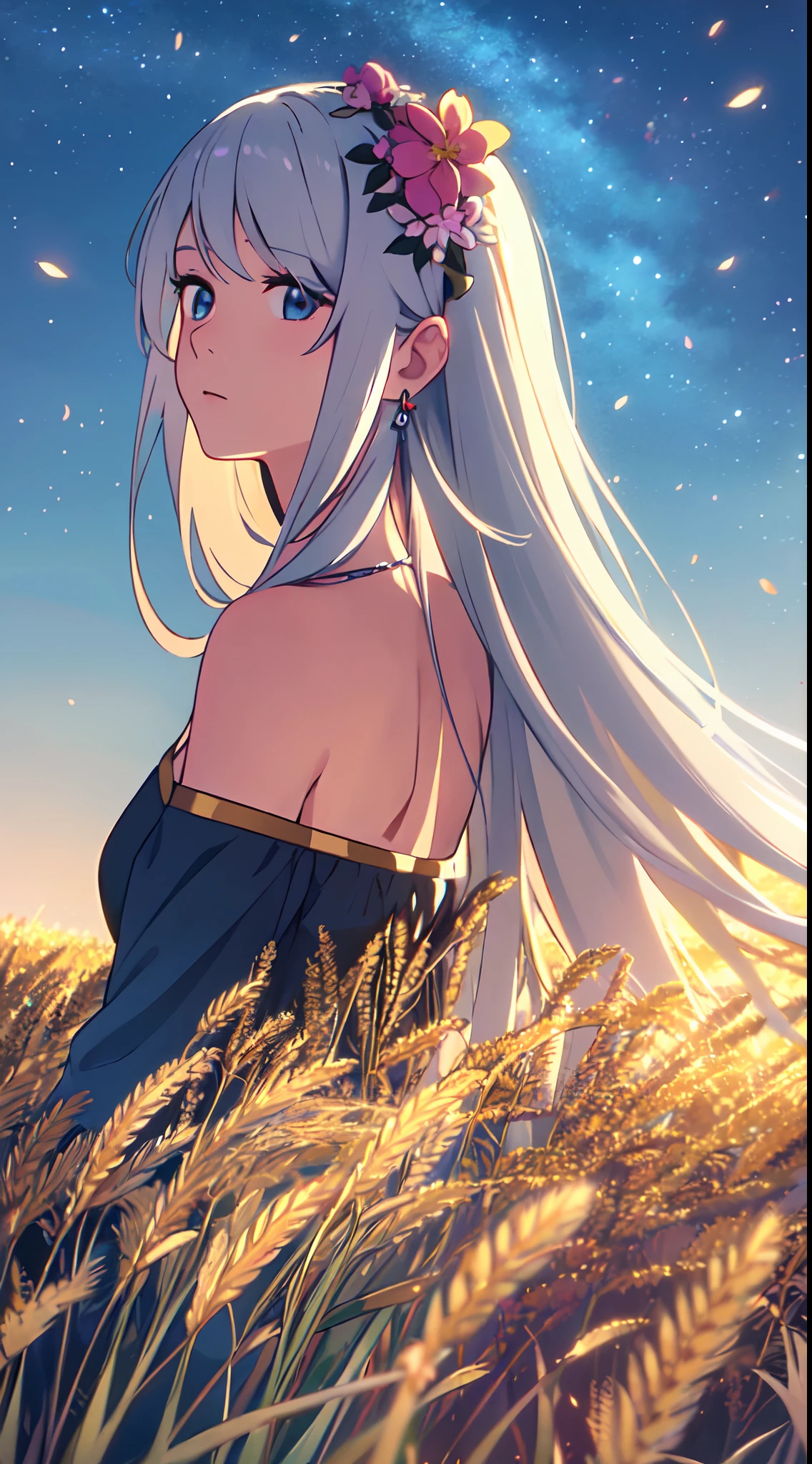 masterpiece, best quality, 1lady, solo, really long hair, white hair, (flowers hair ornament), light blue eyes, looking up at the sky , necklace, earrings, night, Vast sky, beautiful skyline, fireflies, fantasy, off shoulder blue dress, medium bust, night scenery, behind view, back view, touching wheat field, close up, face portrait