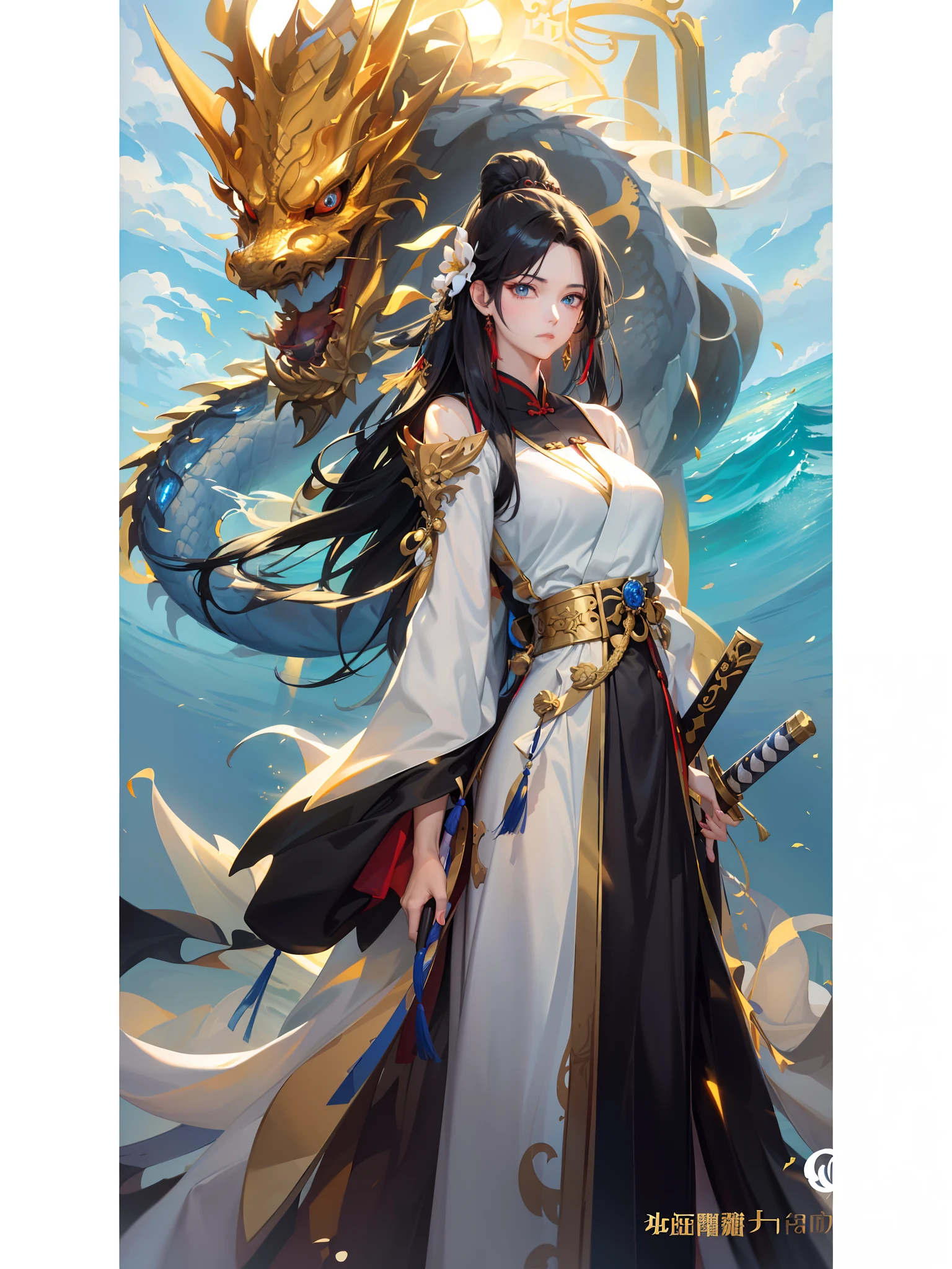 (Best quality, Masterpiece), (1girll, China-style,White red gold hanfu,The eyes are firm,Long black hair,Ocean blue eyes, Armed with Excalibur,Closed mouth, )(The golden light shining behind it,The dragon hovered behind him)