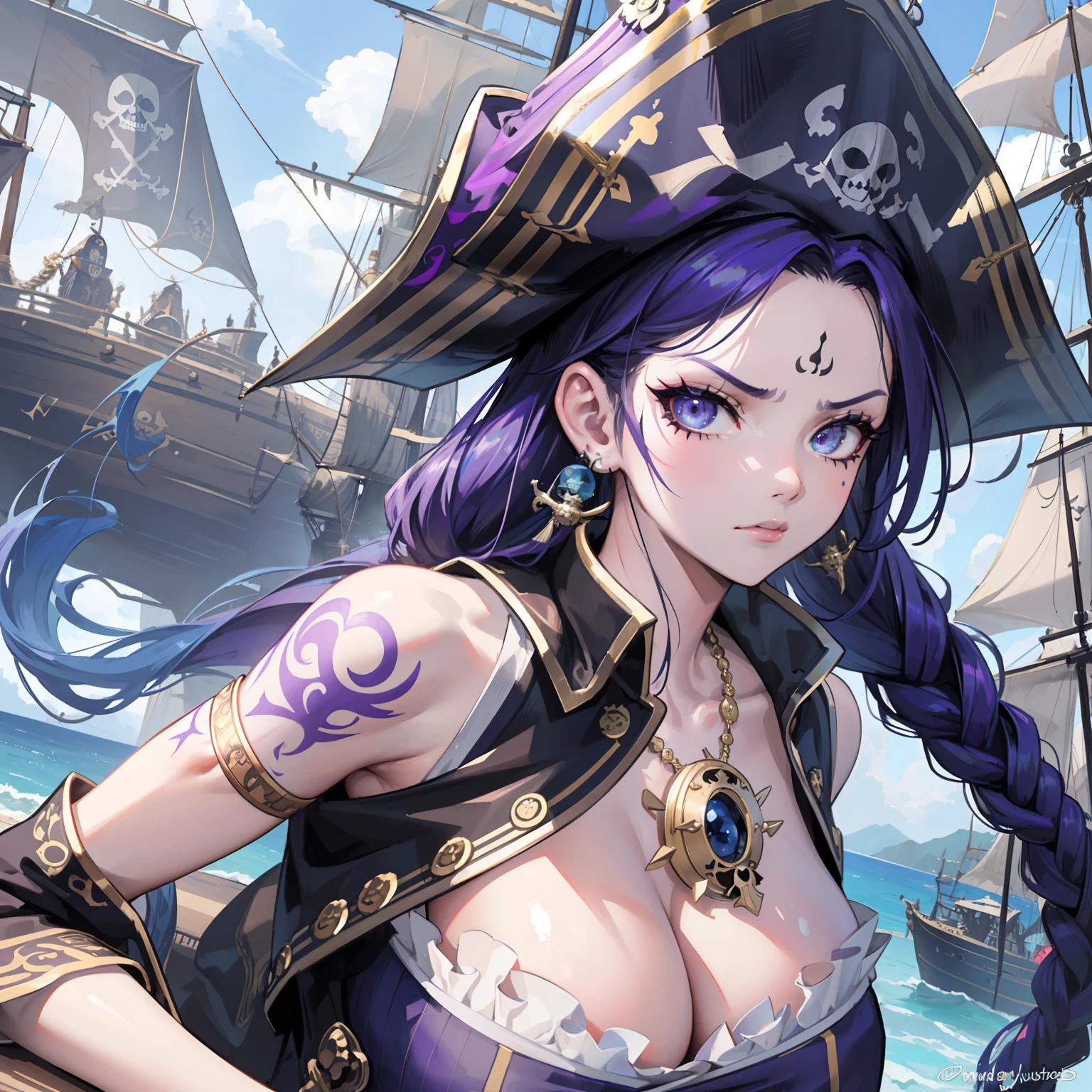 (pirate woman),(respectable),(beautiful),(exotic outfit),(blue and purple color scheme),(fierce),(best quality,4k,8k,highres,masterpiece:1.2),(ultra-detailed),(realistic,photorealistic,photo-realistic:1.37),(HDR),(UHD),(studio lighting),(extremely detailed eyes),(vivid colors),(sharp focus),(physically-based rendering),(detailed pirate hat),(intricate braids),(fierce facial expression),(bokeh),(pirate ship in the background),(sea breeze),(dangling gold earrings),(tattooed arms),(ornate pirate sword)