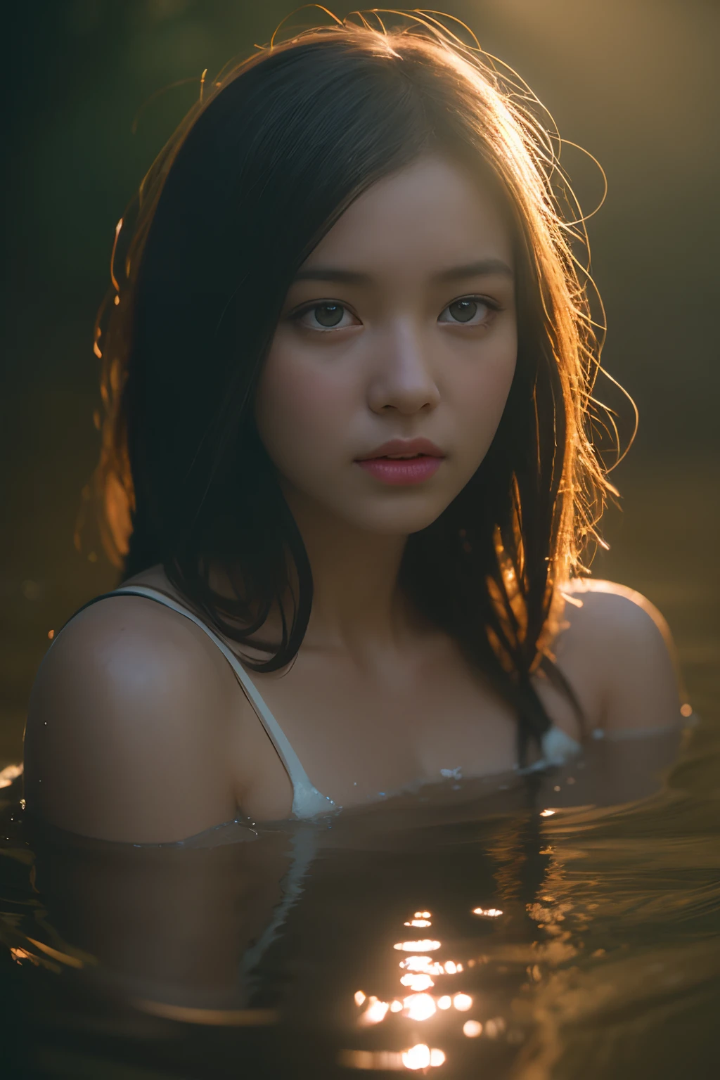close up portrait of a cute woman (gldot) bathing in a river, reeds, (backlighting), realistic, masterpiece, highest quality, lens flare, shade, bloom, [[chromatic aberration]], by Jeremy Lipking, by Antonio J. Manzanedo, digital painting,