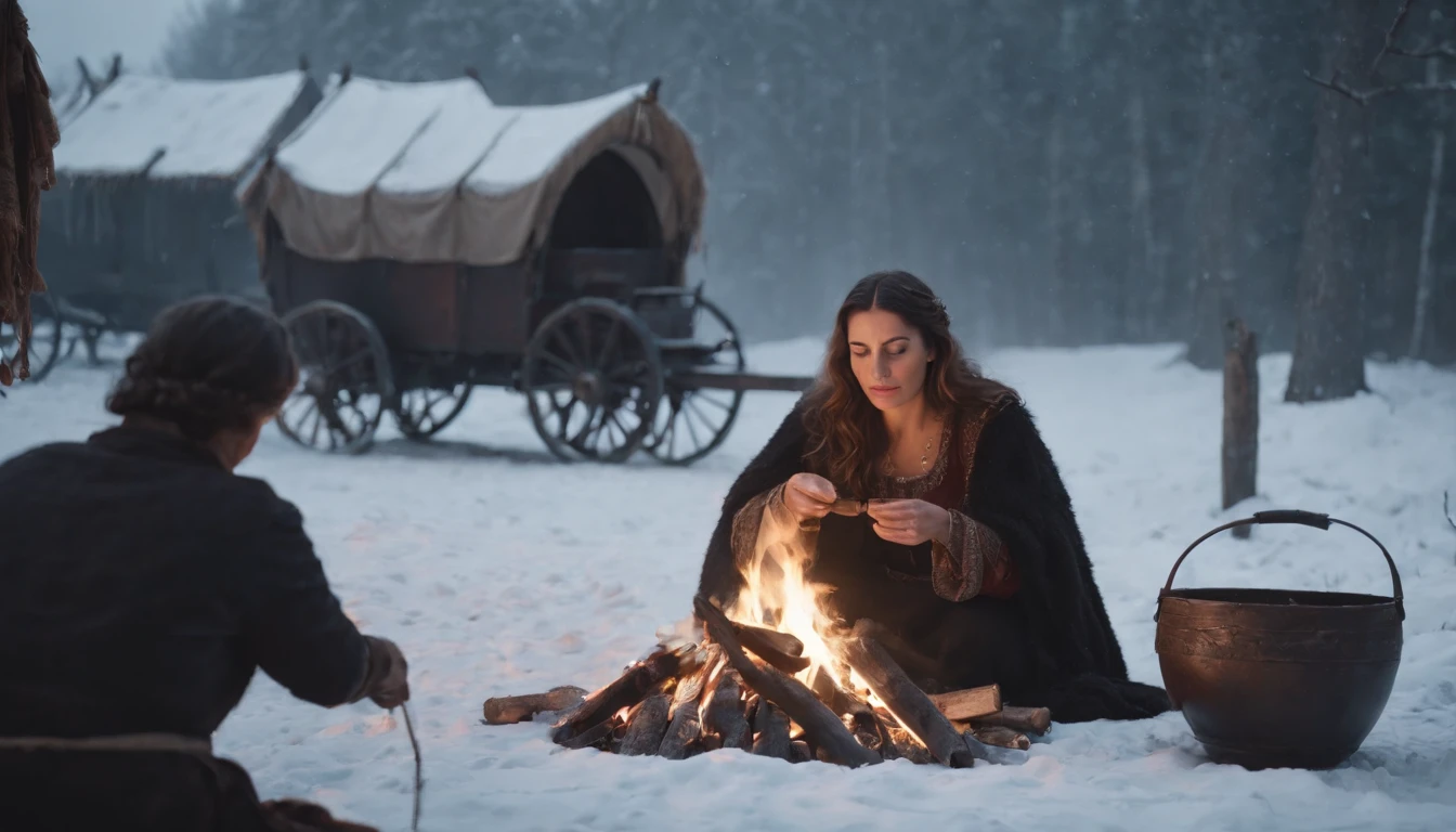 medieval Hungary, darkest night, snow, gypsy woman sits beside a fire casting a spell, eerie, gypsy wagon in background, snowing, cinematic scene from film