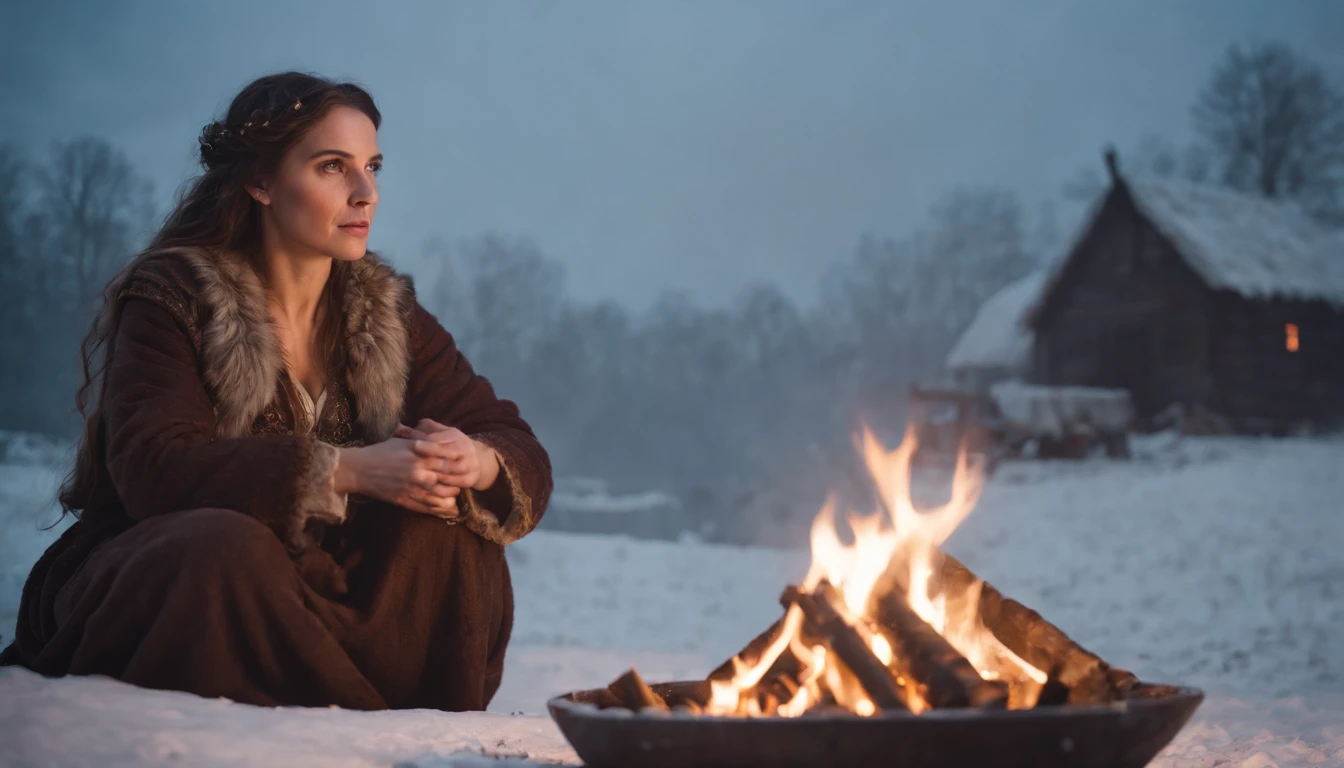 medieval Hungary, darkest night, snow, gypsy woman sits beside a fire casting a spell, eerie, gypsy wagon in background, snowing, cinematic scene from film