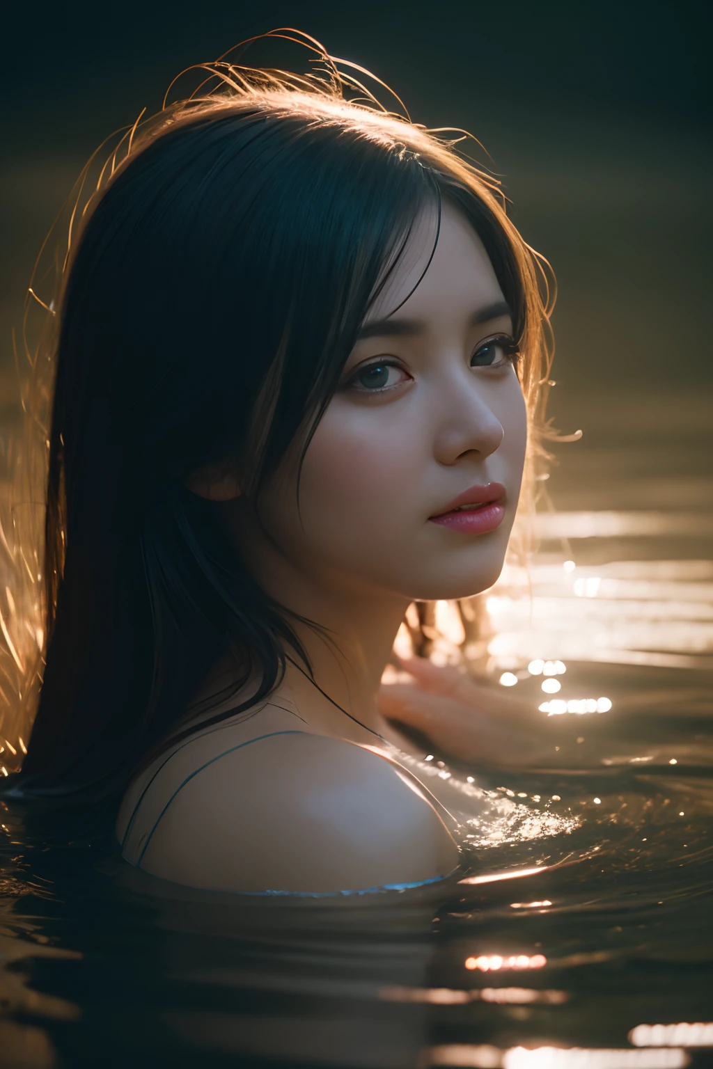 close up portrait of a cute woman (gldot) bathing in a river, reeds, (backlighting), realistic, masterpiece, highest quality, lens flare, shade, bloom, [[chromatic aberration]], by Jeremy Lipking, by Antonio J. Manzanedo, digital painting,