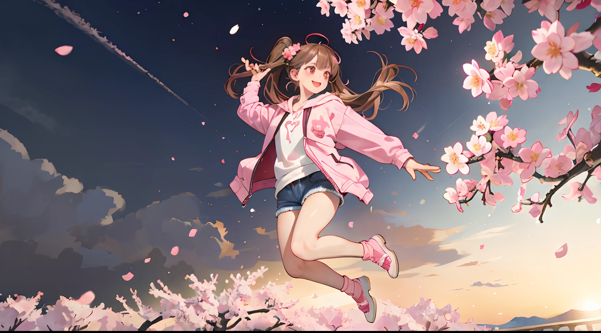 An 18-year-old woman, , red eyes, Pink highlights on brown hair, long twin tail hair, blurry backround,Scenic,cherry trees, ssmile, Hurray Jump, jump,Long pink jacket with intricate décor with hood, Denim shorts,独奏,Full body close-up,Full body projection,Delicately reproduced realistic illustrations,busy,Comical illustration,Realistic skin texture reproduction,Sakura blizzard,Scenery of dancing cherry blossoms 、((masterpiece))