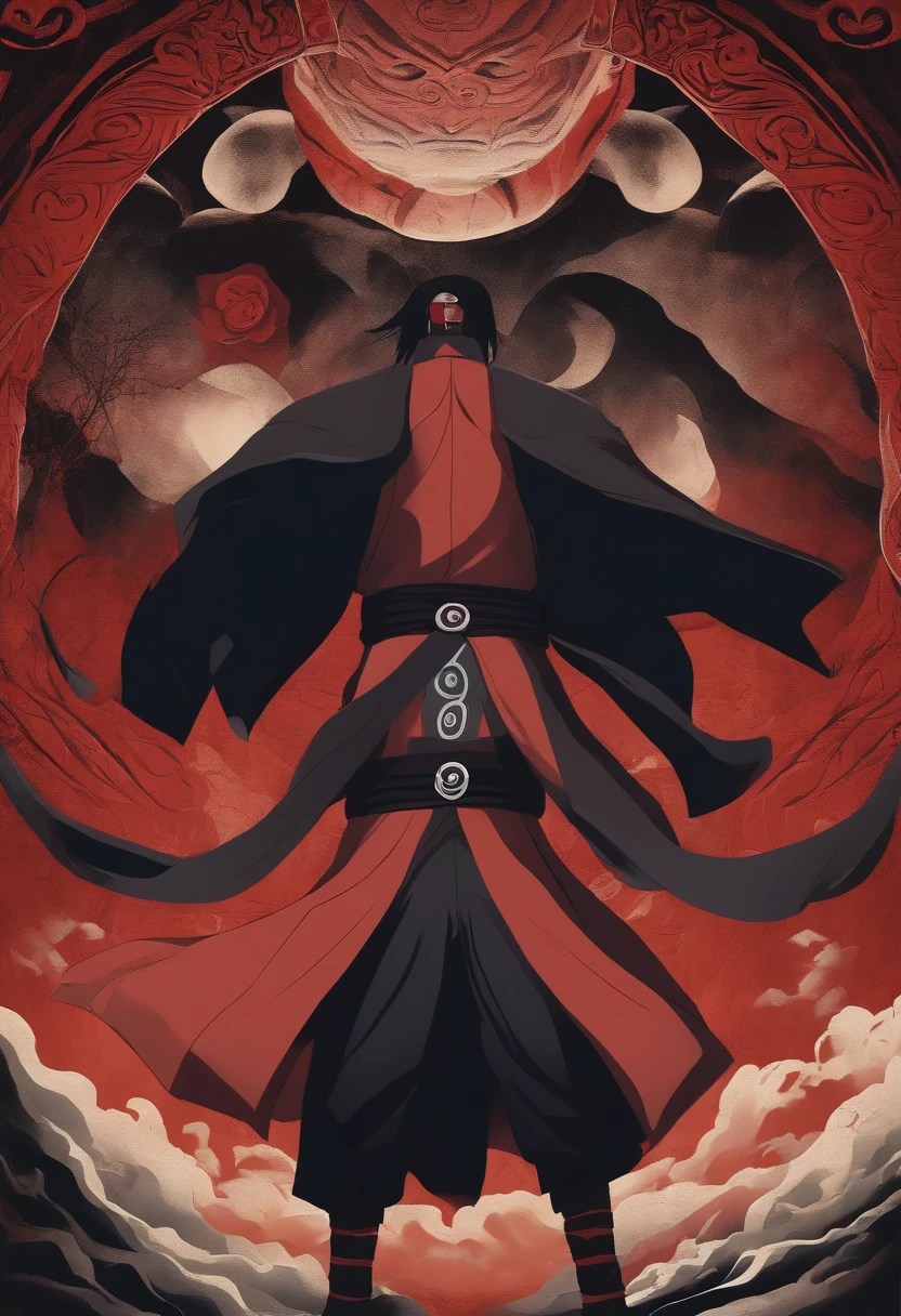 "Create a breathtaking movie poster inspired by Masashi Kishimoto's Naruto, showcasing the legendary Itachi Uchiha in all his glory."