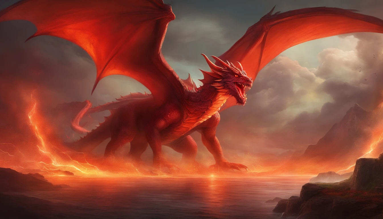 Generate an awe-inspiring image of a colossal red dragon engaged in a fierce battle with a massive army, showcasing intense flames and a stormy sky in the background.