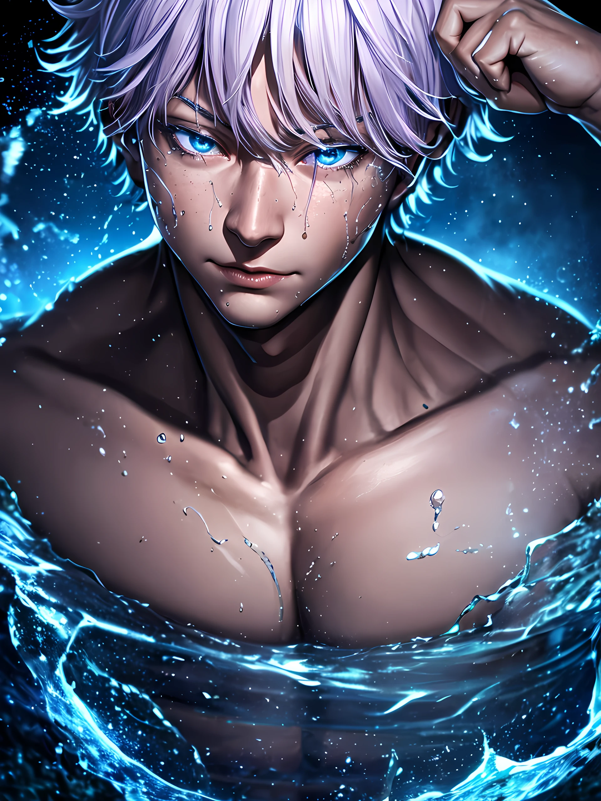  Far view,High quality, ultra realistic,absurdres, highres, ultra detailed, HDR, masterpiece, extremely detailed face and eyes, a cool topless fighter, cool pose, dragon on back, cool tatto on chest , ,, cool white hair , solo, ,man, handsome, ,white eyeleshes, blue eyes , , black splashing effect,black lightning  effect,glowing glitters ,  symetrical 