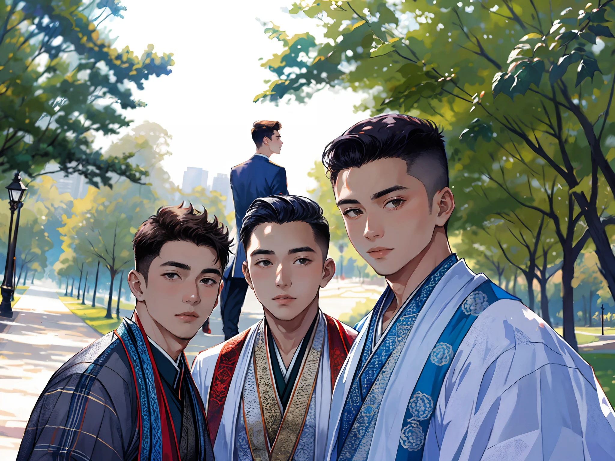 three young men standing next to each other in a park, handsome boys, wearing traditional garb, photo taken in 2 0 2 0, around 1 9