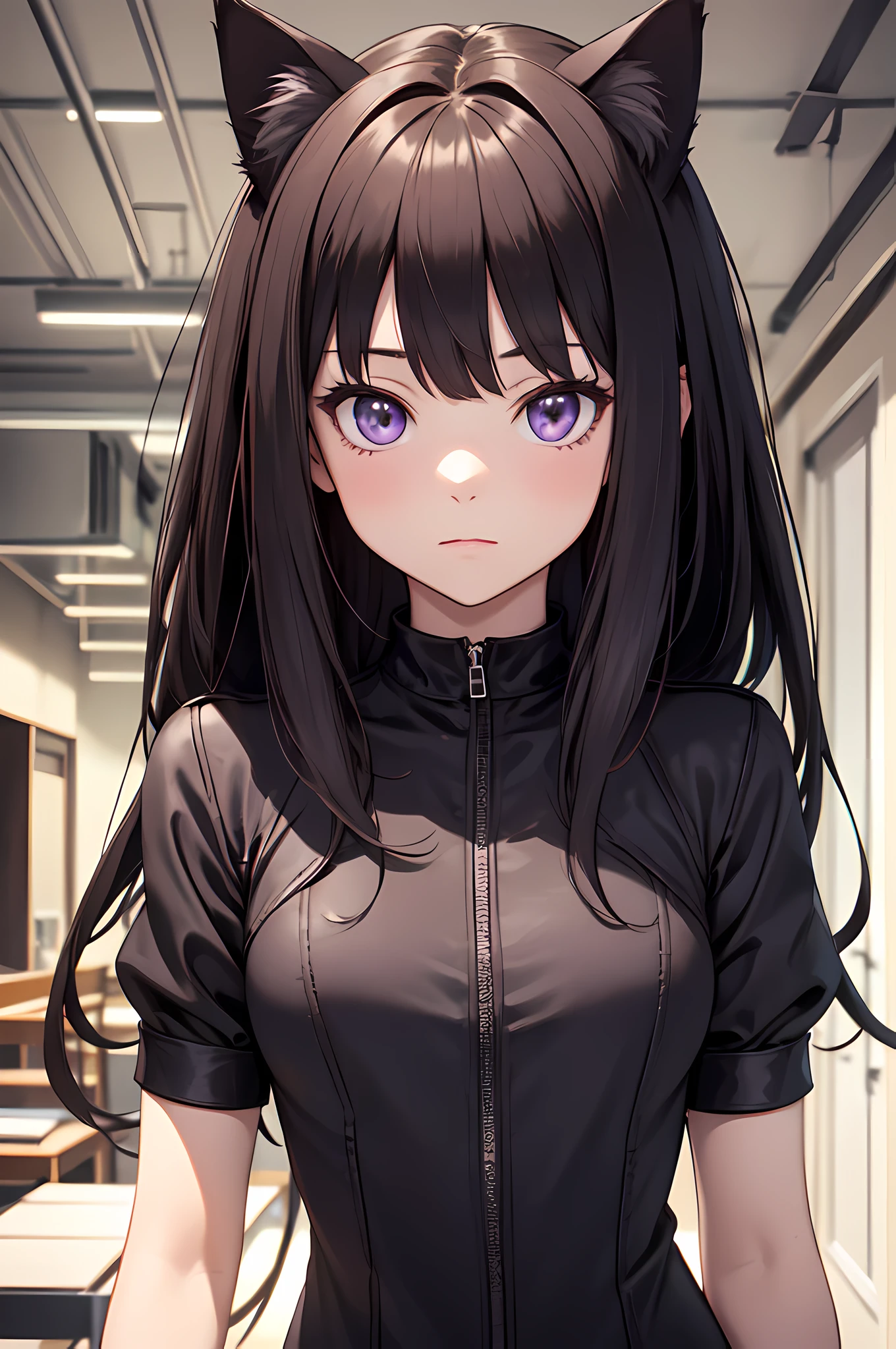 masterpiece, best quality, {best quality}, {{masterpiece}}, {highres}, illustration, 1girl, inoue takina, long hair, bangs, black hair, (purple eyes:1.2), cat ears, cat suit, cute face