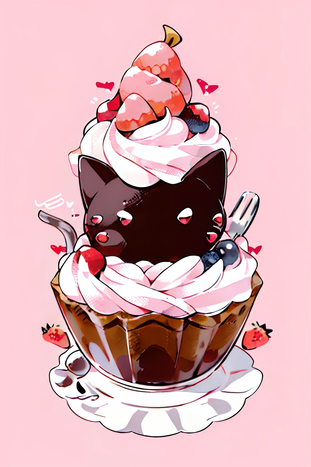 cute00d, Looking at Viewer, Simple background, food, fruit, Cat, Pink background, a cake, Strawberries, cherry, food focus, Cat buried in blueberry cake