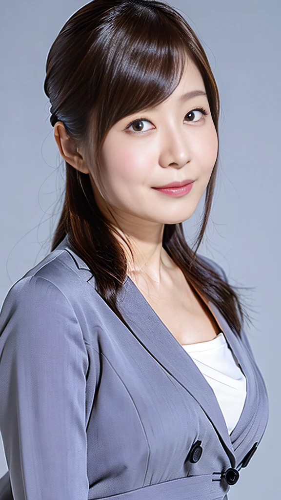 (Best quality, 8k, 32k, Masterpiece, UHD:1.2), 1 girl, ((close up)), beautiy Japanese office lady, (smile:0.5), (looking at the viewer), bit chubby, grey suit, grey mini skirt, white shirt, office room, desk, (huge breasts, buttocks:1.2), detailed beautiful face, double-pony-tail hair, from below,