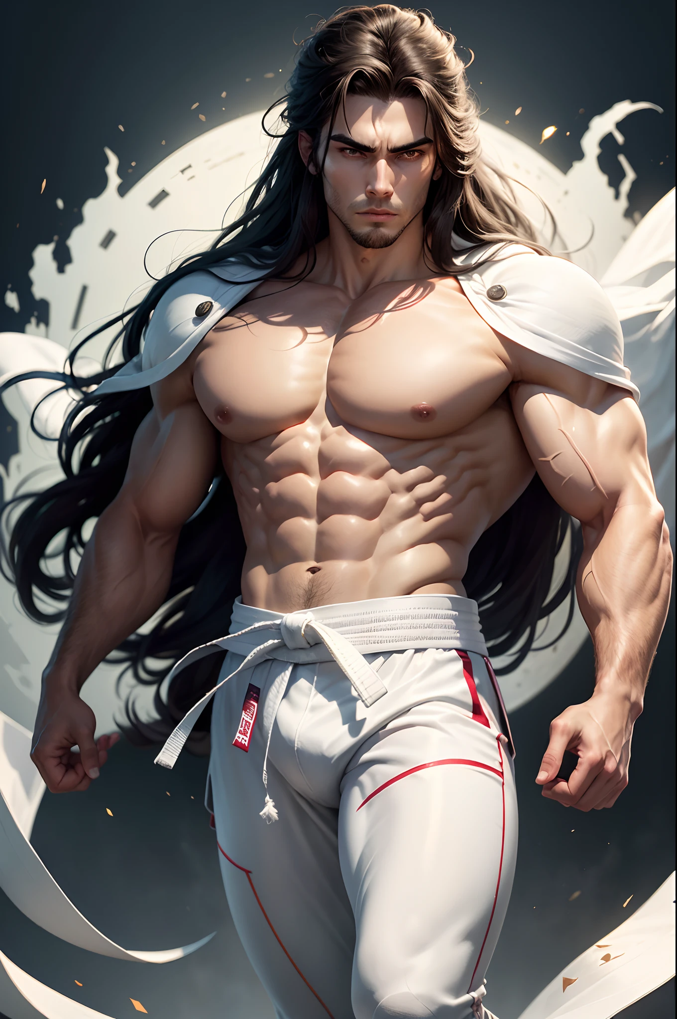 a picture, 8K Full Body Portrait of Handsome Man, 20yr old, Ready for Battle, badness, A warrior, Disheveled Long Hair, Long body, musculature, Detailed muscular physique, (​masterpiece, top-quality, 8K), bare-legged, White karate uniform, White karate obi, White karate pants, Accurate depiction of details, Perfect skeleton,