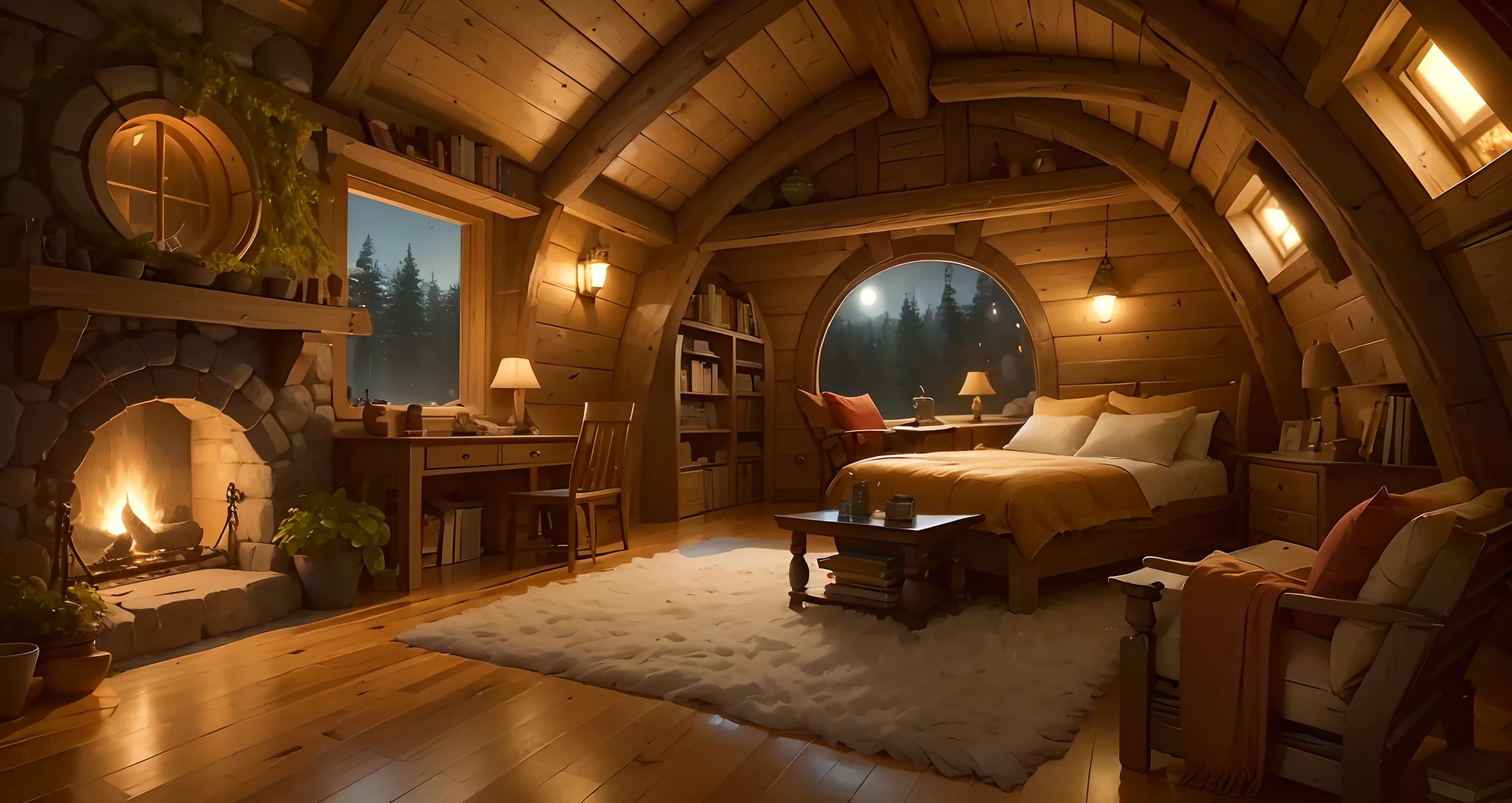 a cozy hobbit house at night, interior with rounded fireplace,with rounded windows, theres a cozy bookshelf full of books, a cozy coffee can and a coffee cup, a pile of firewood
