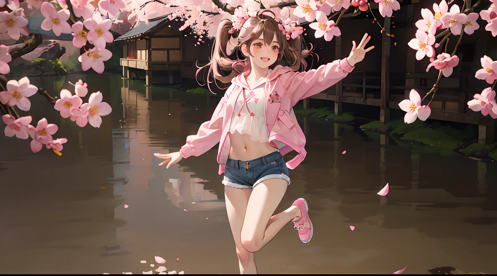An 18-year-old woman, , red eyes, Pink highlights on brown hair, long twin tail hair, blurry backround,Scenic,cherry trees, ssmile, Hurray Jump, jump,Long pink jacket with intricate décor with hood, Denim shorts,独奏,Full body close-up,Full body projection,Delicately reproduced realistic illustrations,busy,Comical illustration,Realistic skin texture reproduction,Sakura blizzard,Scenery of dancing cherry blossoms 、((masterpiece))