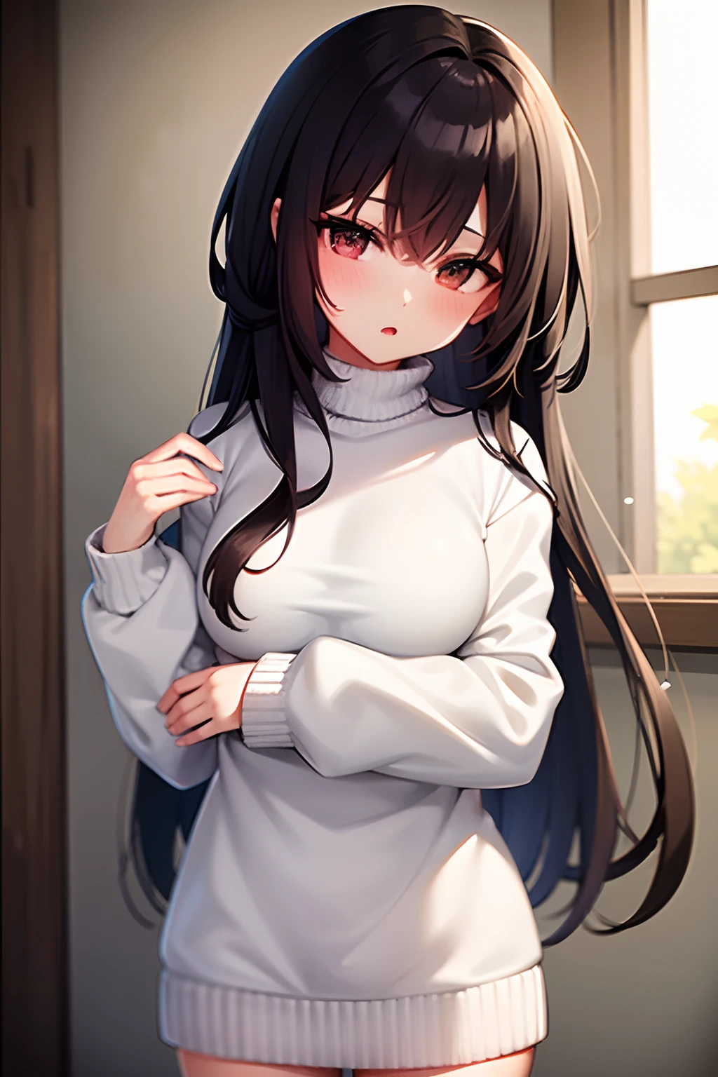 1girls, wears a much too long white sweater all over his body