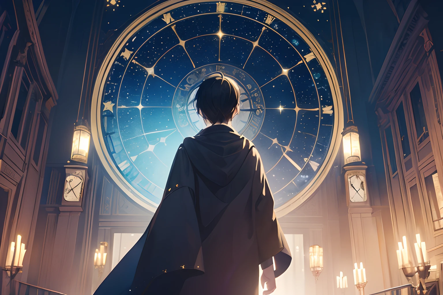 Create exquisite illustrations reminiscent of Makoto Shinkai's style, It has ultra-fine details and top-notch quality. Create an illustration of a fantastical space with a massive, enchanting clock. The clock and the space around it resemble a starlit sky, filling the atmosphere with a magical aura. In this ethereal setting, a young boy stands in awe, gazing at the enormous clock as if he's witnessing the secrets of the universe unfold before his eyes. The twinkling stars within the clock's mechanisms enhance the enchantment of the scene, capturing the essence of wonder and imagination.