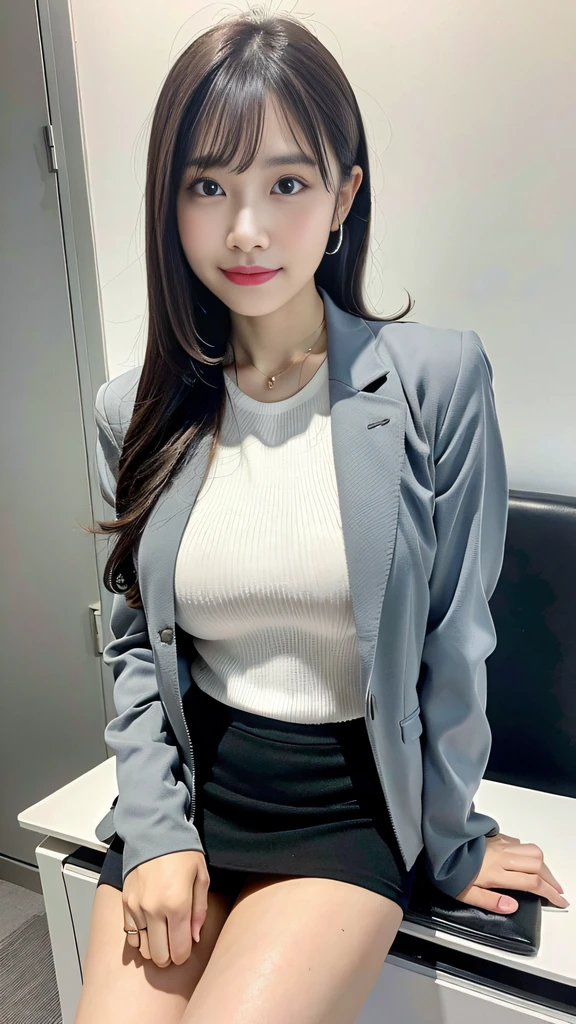 (Best quality, 8k, 32k, Masterpiece, UHD:1.2), 1 girl, ((portrait)), beautiy Japanese office lady, (smile:0.5), (looking at the viewer), bit chubby, grey suit, grey mini skirt, buttoned white shirt, open jacket, office room, desk, (huge breasts, buttocks:1.2), Sitting on the messy office desk, detailed beautiful face, pony-tail hair, from below,
