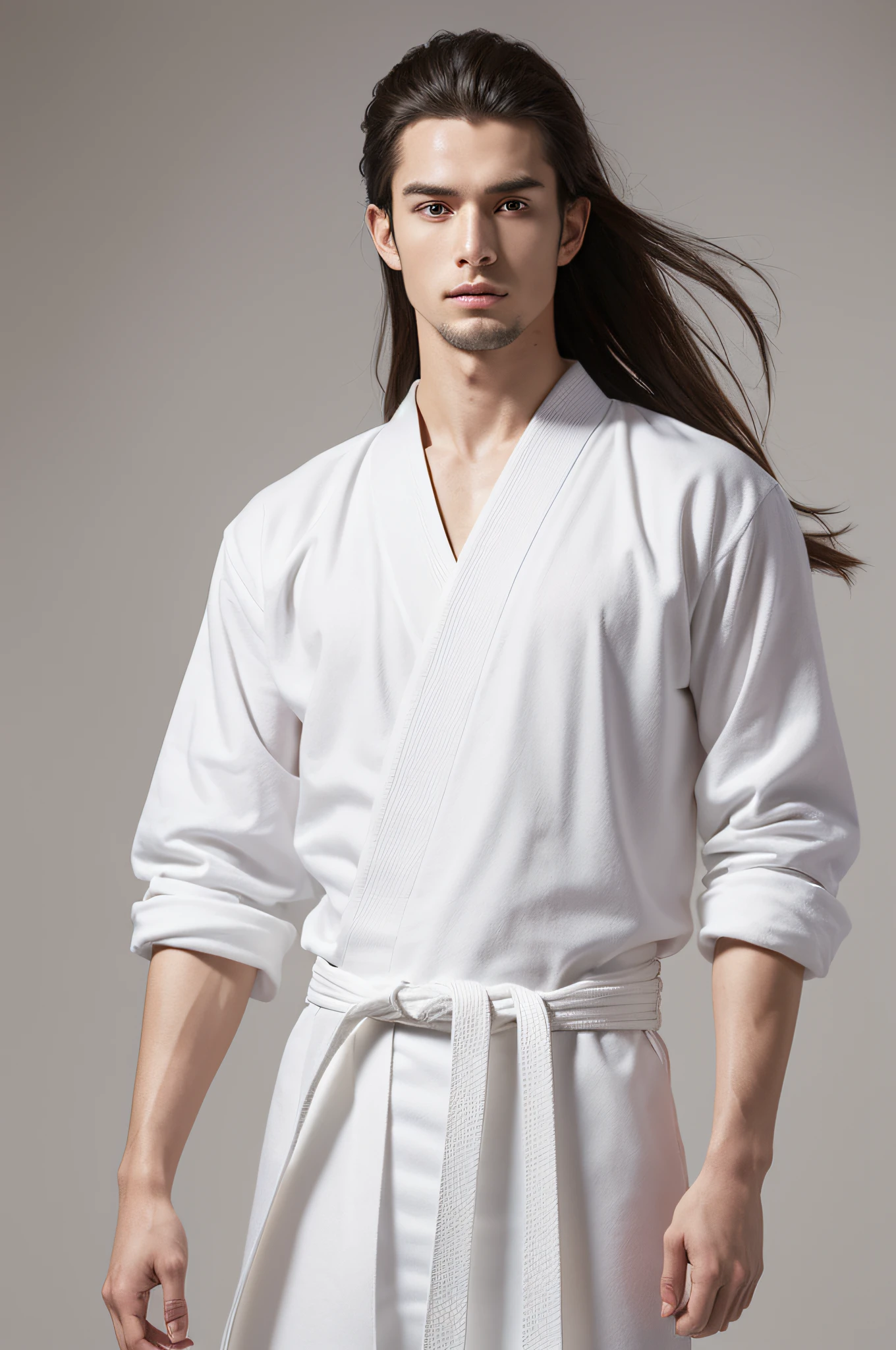 a picture, Photorealsitic, 8K Full Body Portrait of Handsome Man, 20yr old, Ready for Battle, badness, A warrior, Disheveled Long Hair, Long body, musculature, Detailed muscular physique, (​masterpiece, top-quality, 8K), bare-legged, White karate uniform, White karate obi, White karate pants, Accurate depiction of details, Perfect skeleton,