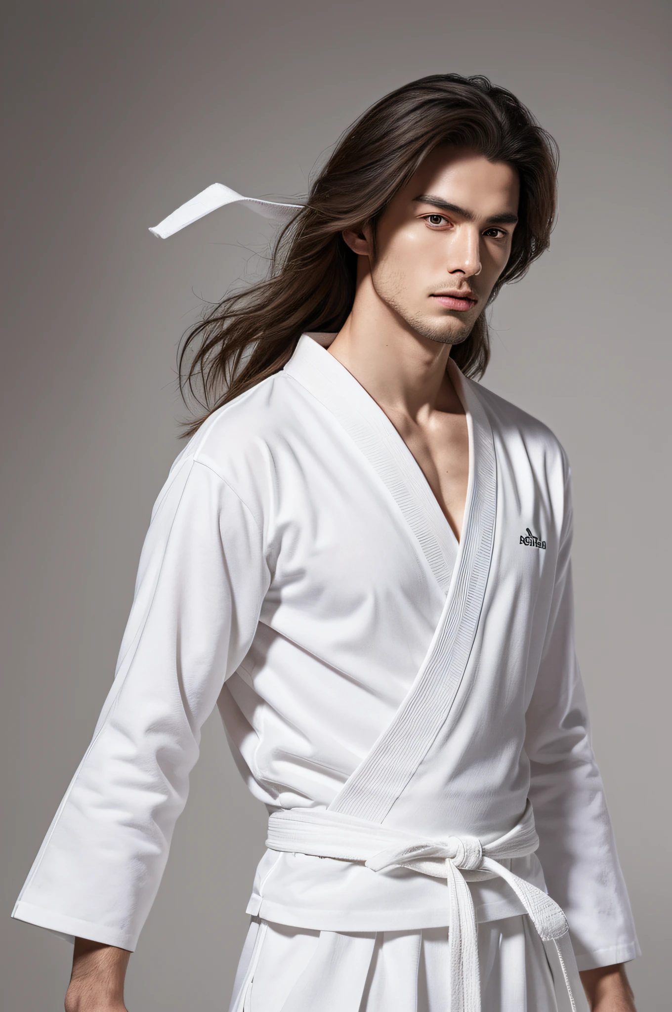 a picture, a handsome, 8k full body portrait of a man, Move ki, disheveled long hair, musculature, Detailed muscular physique, a picture, (masterpiece, top-quality, top-quality, Official art), Large and dynamic movements, Make a high side kick, Photorealistic depiction,20yr old, Toned waist, long limbs, bare-legged, White Karate Uniform, White Hand Belt, White karate pants, Accurate depiction of details, Perfect skeleton, Look straight at your audience, sharp gaze