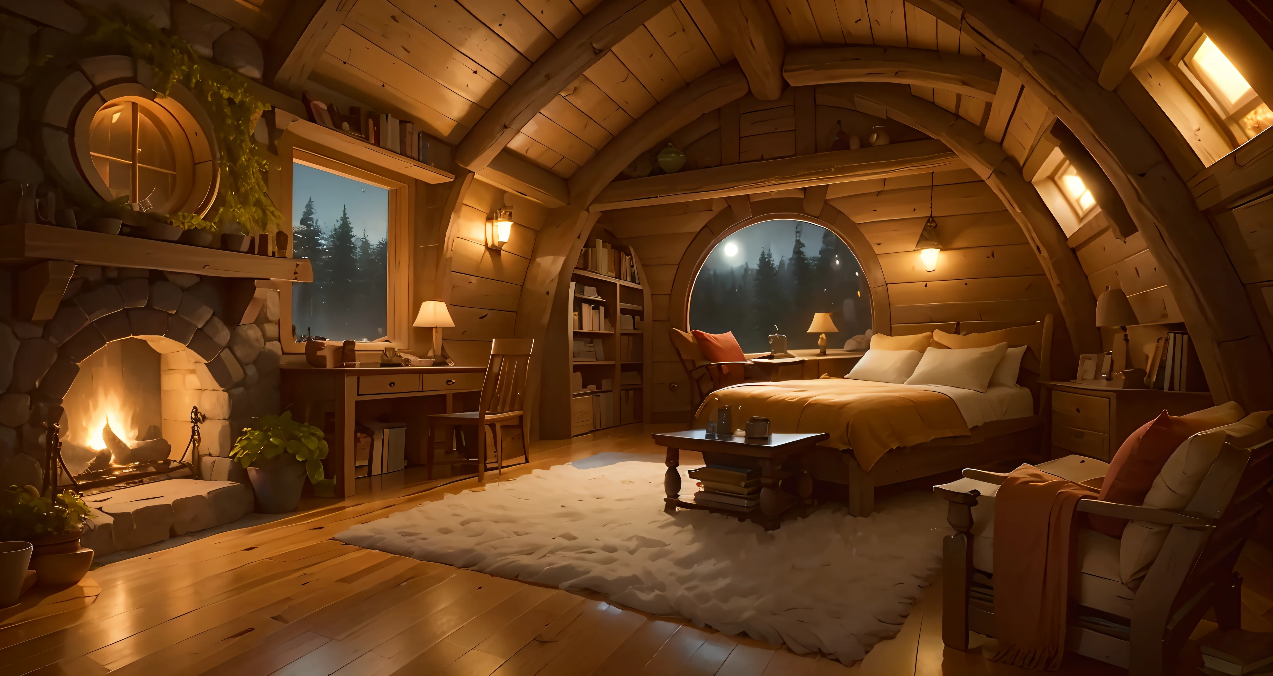 a cozy hobbit house at night, interior with rounded fireplace,with rounded windows, theres a cozy bookshelf full of books, a cozy coffee can and a coffee cup, a pile of firewood