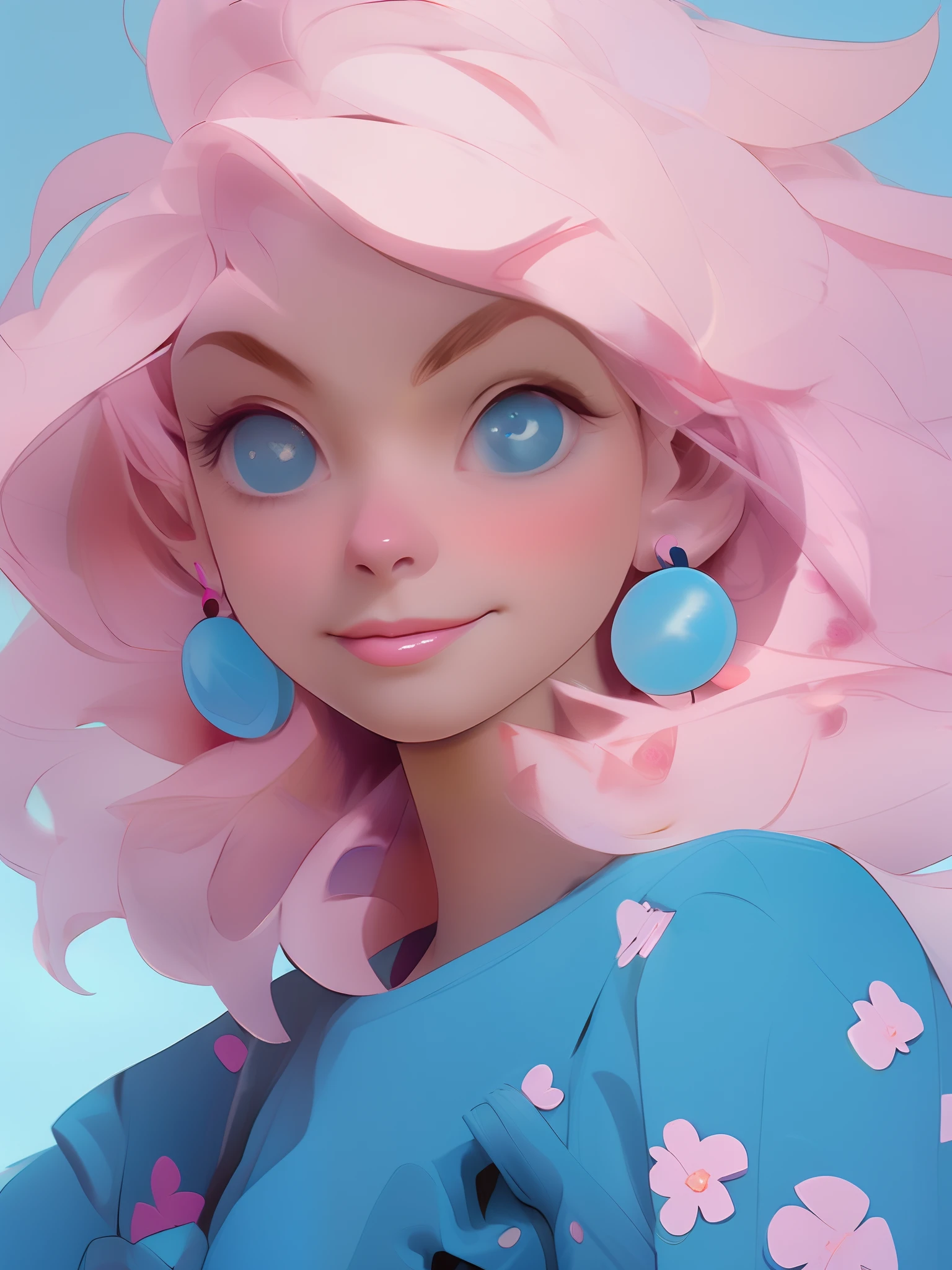 (NIJIFTB),
a cartoon character with a pink hair and blue eyes wearing a blue dress and pink earrings and a blue dress with pink flowers on it's shoulders,