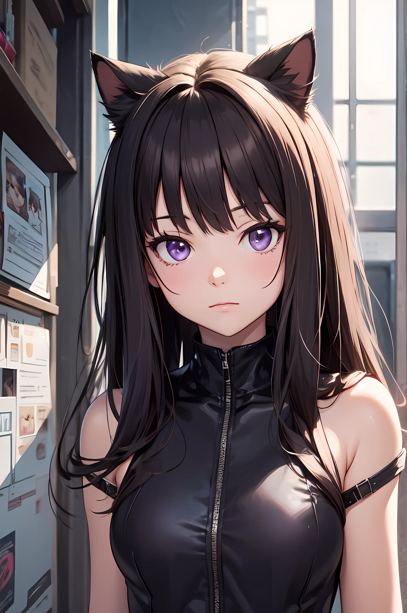 masterpiece, best quality, {best quality}, {{masterpiece}}, {highres}, illustration, 1girl, inoue takina, long hair, bangs, black hair, (purple eyes:1.2), cat ears, cat suit, cute face